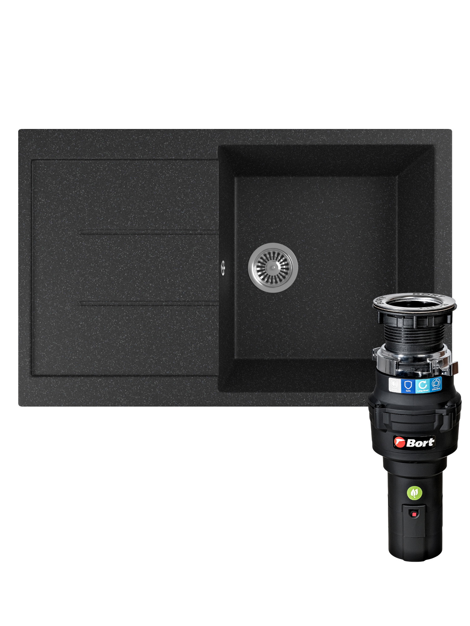 Комплект Мойка Domaci Бьелла M-GS14-BL 75x50, черная, искусственный мрамор + Измельчитель Bort Caiman 93418064 электрический, нержавеющая сталь