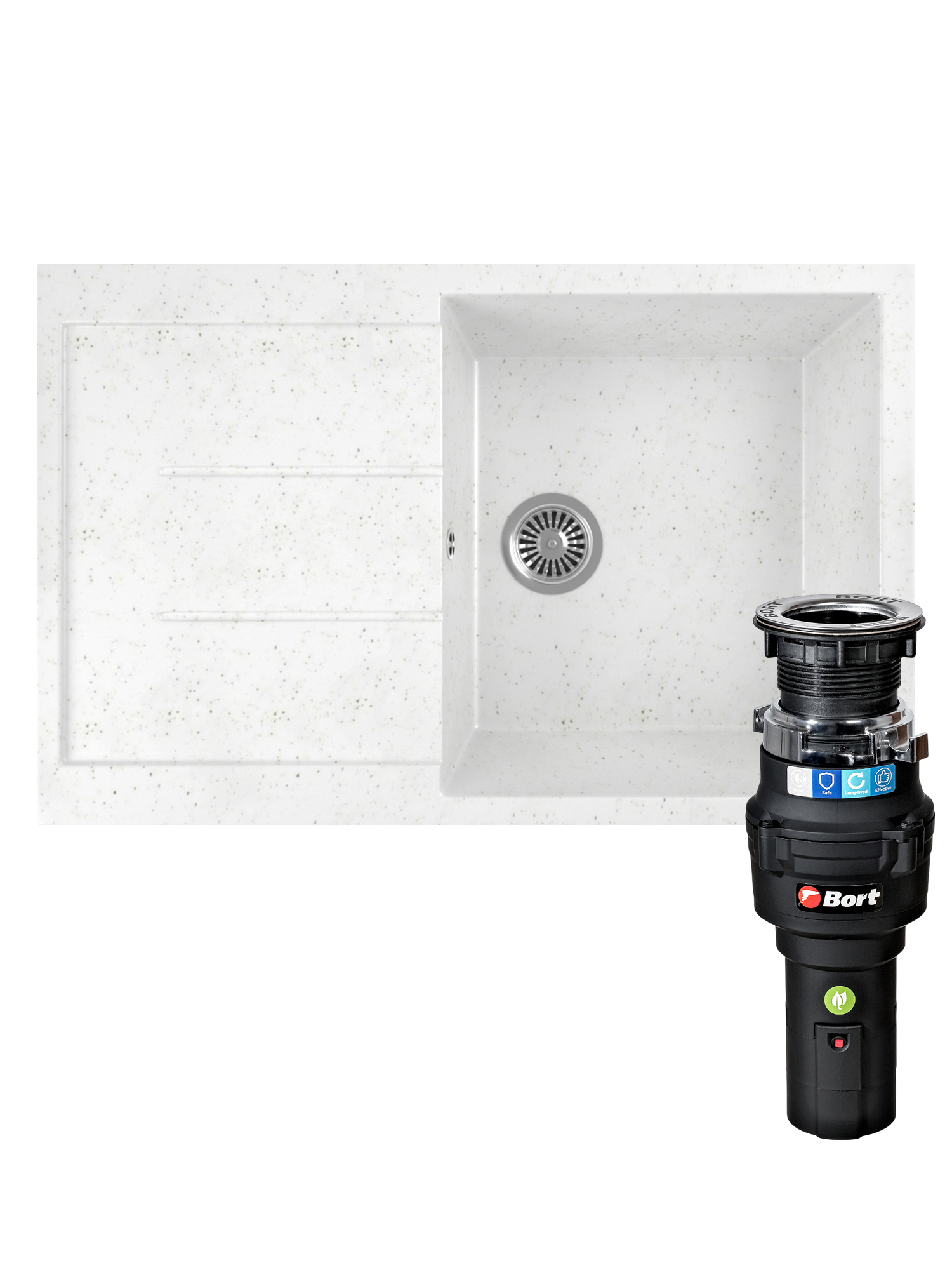 Комплект Мойка Domaci Бьелла M-GS14-W 75x50, белая, искусственный мрамор + Измельчитель Bort Caiman 93418064 электрический, нержавеющая сталь