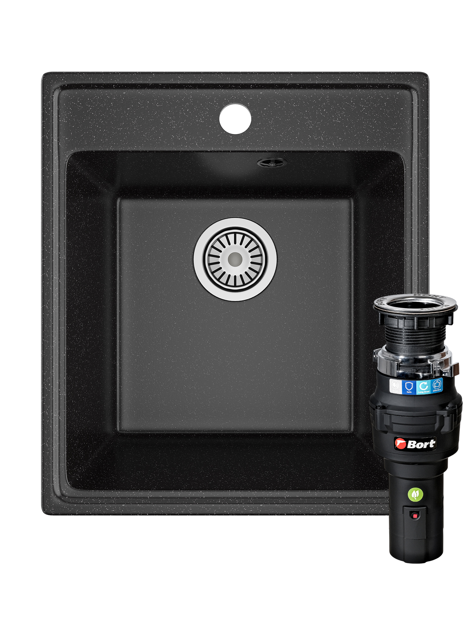 Комплект Мойка Domaci Палермо PR-425-004 42x48, черная, искусственный мрамор + Измельчитель Bort Caiman 93418064 электрический, нержавеющая сталь