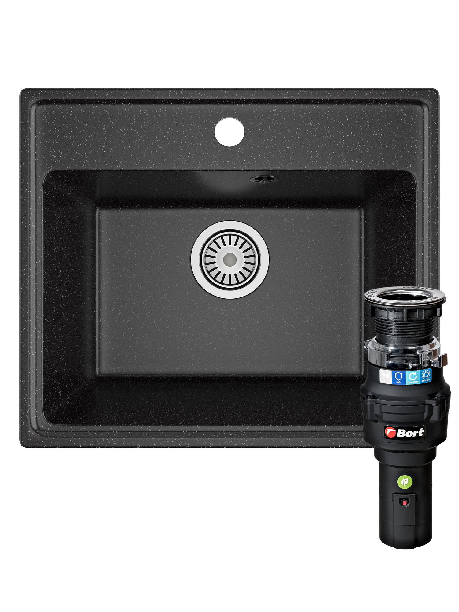Комплект Мойка Domaci Палермо PR-490-004 49x42, черная, искусственный мрамор + Измельчитель Bort Caiman 93418064 электрический, нержавеющая сталь