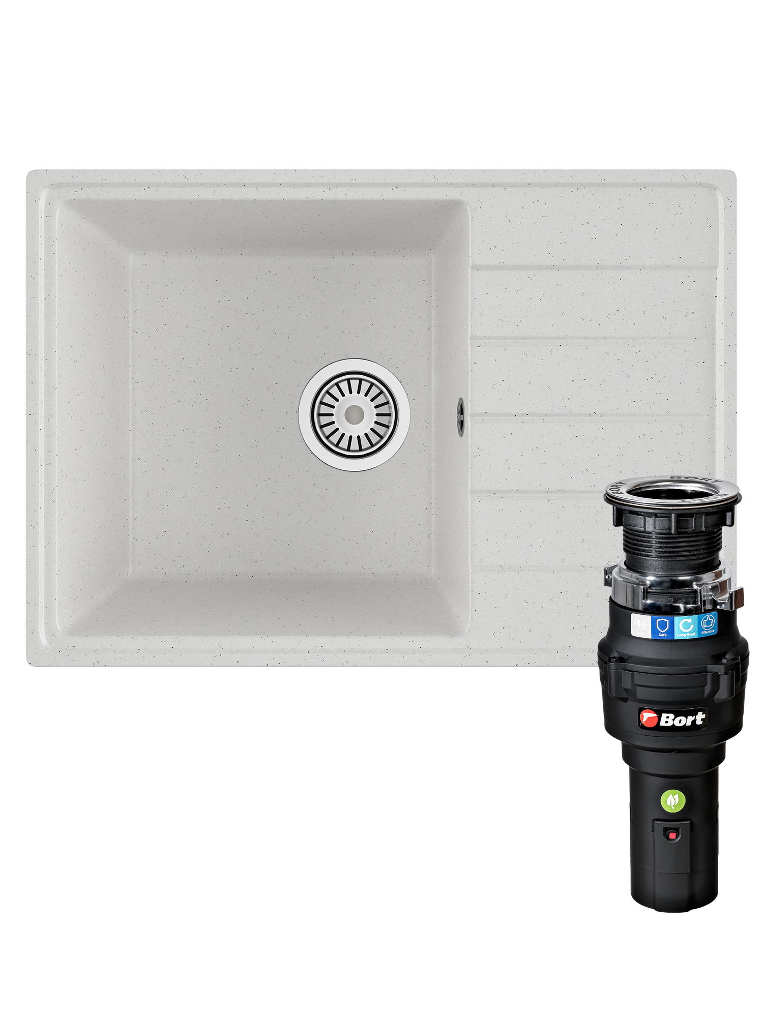 Комплект Мойка Domaci Палермо PR-600-001 60x42, белая, искусственный мрамор + Измельчитель Bort Caiman 93418064 электрический, нержавеющая сталь