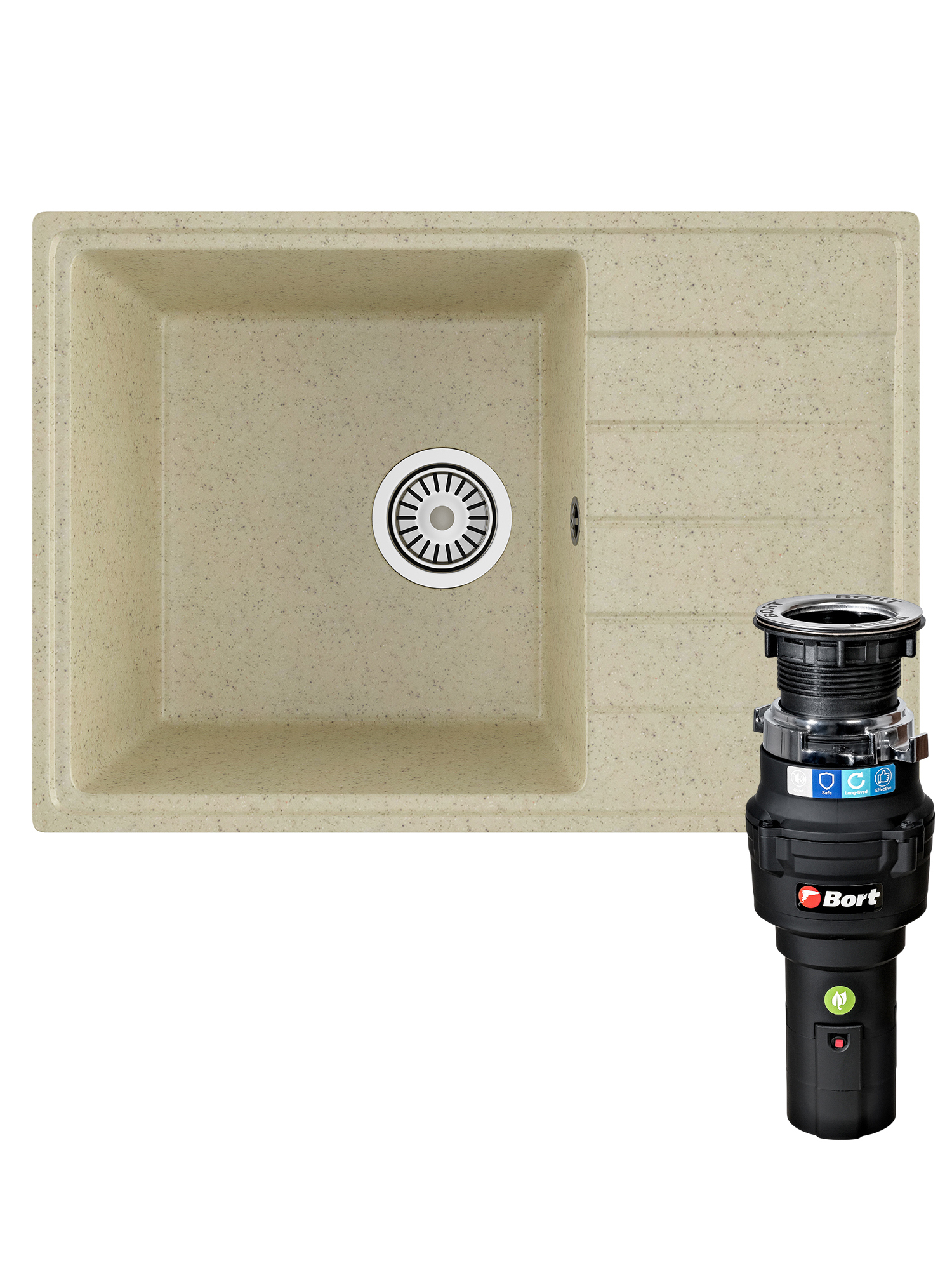 Комплект Мойка Domaci Палермо PR-600-002 60x42, бежевая, искусственный мрамор + Измельчитель Bort Caiman 93418064 электрический, нержавеющая сталь