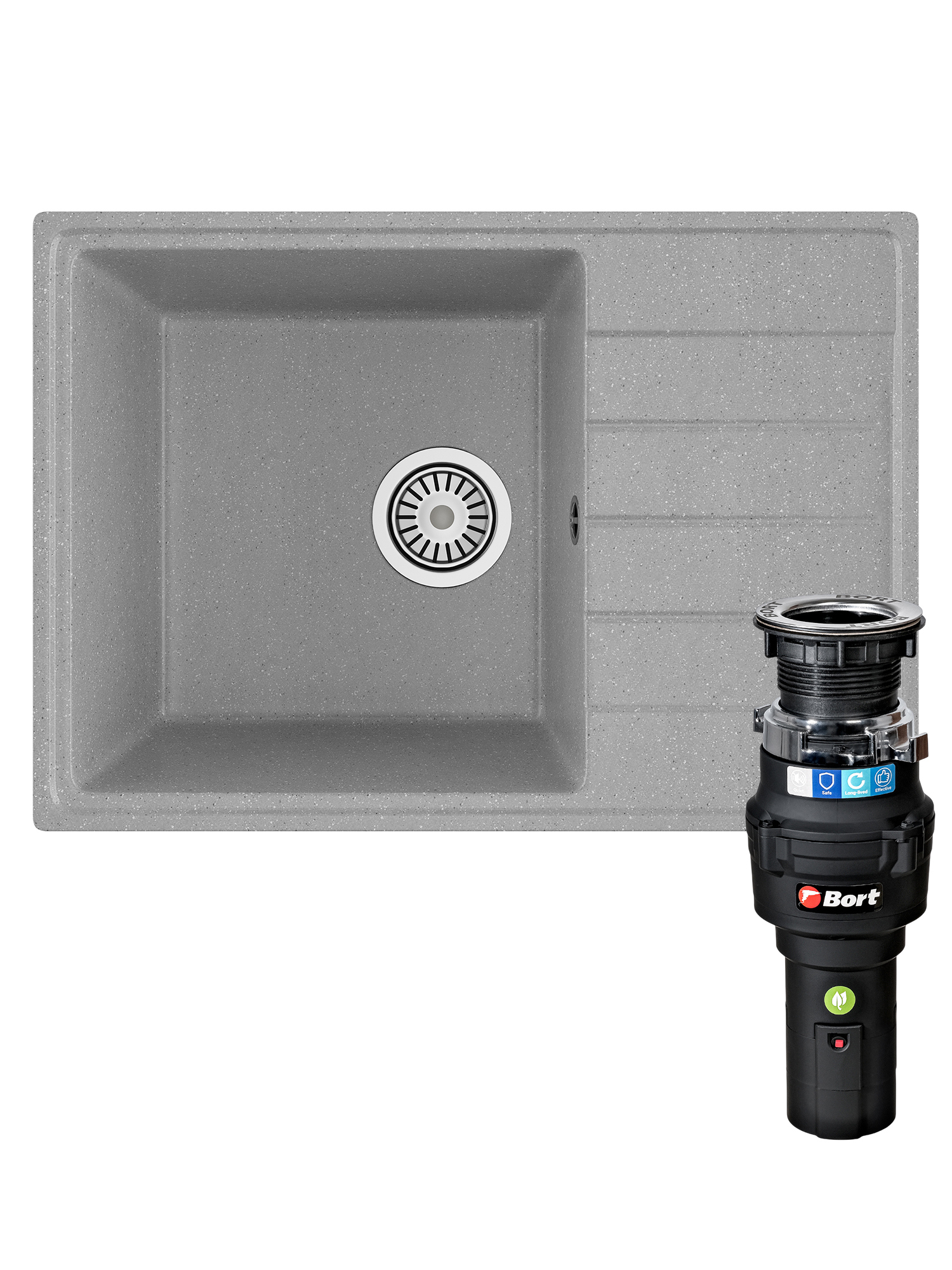 Комплект Мойка Domaci Палермо PR-600-003 60x42, серая, искусственный мрамор + Измельчитель Bort Caiman 93418064 электрический, нержавеющая сталь
