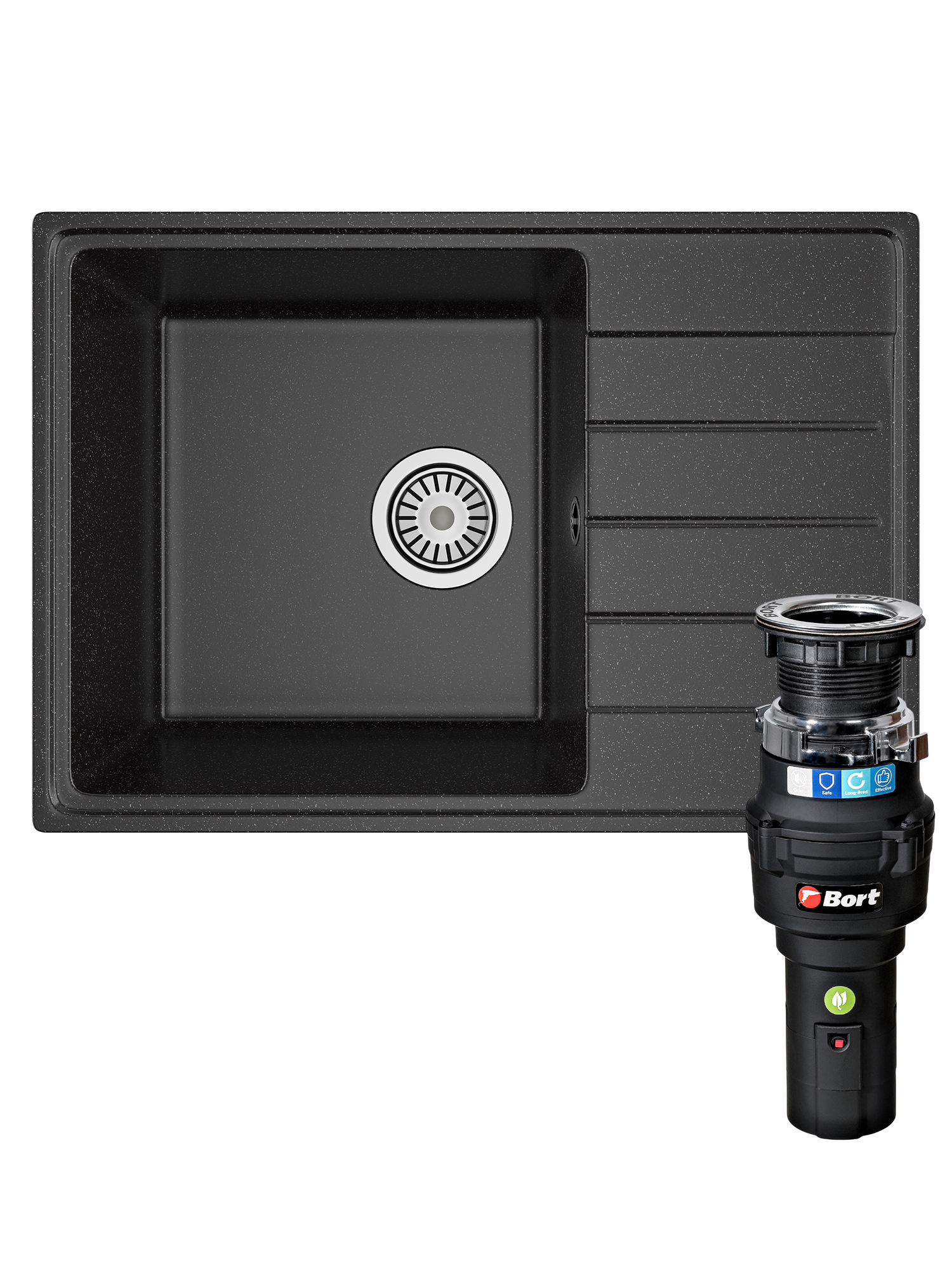 Комплект Мойка Domaci Палермо PR-600-004 60x42, черная, искусственный мрамор + Измельчитель Bort Caiman 93418064 электрический, нержавеющая сталь