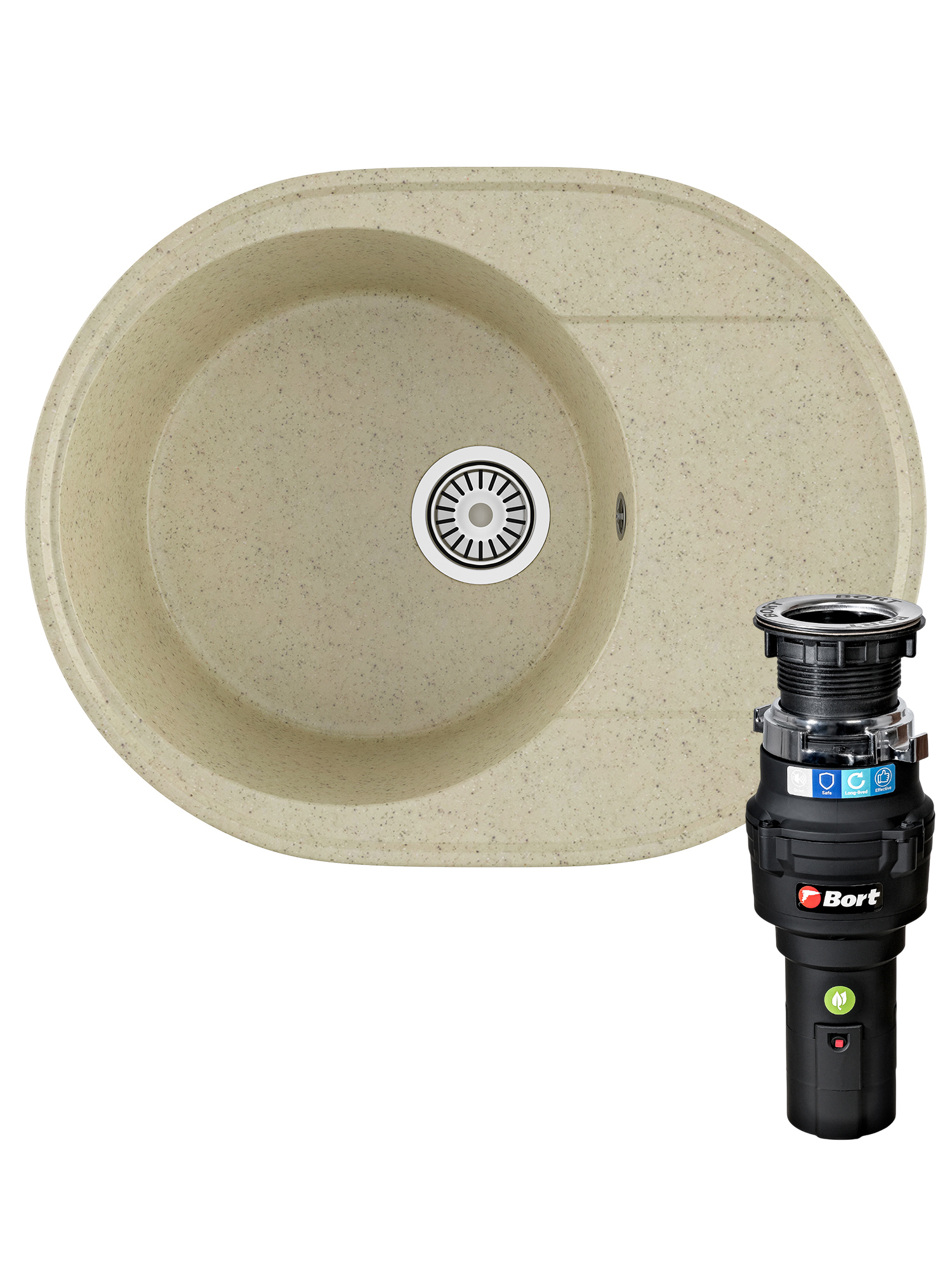Комплект Мойка Domaci Палермо PR-610-002 61x47, бежевая, искусственный мрамор + Измельчитель Bort Caiman 93418064 электрический, нержавеющая сталь