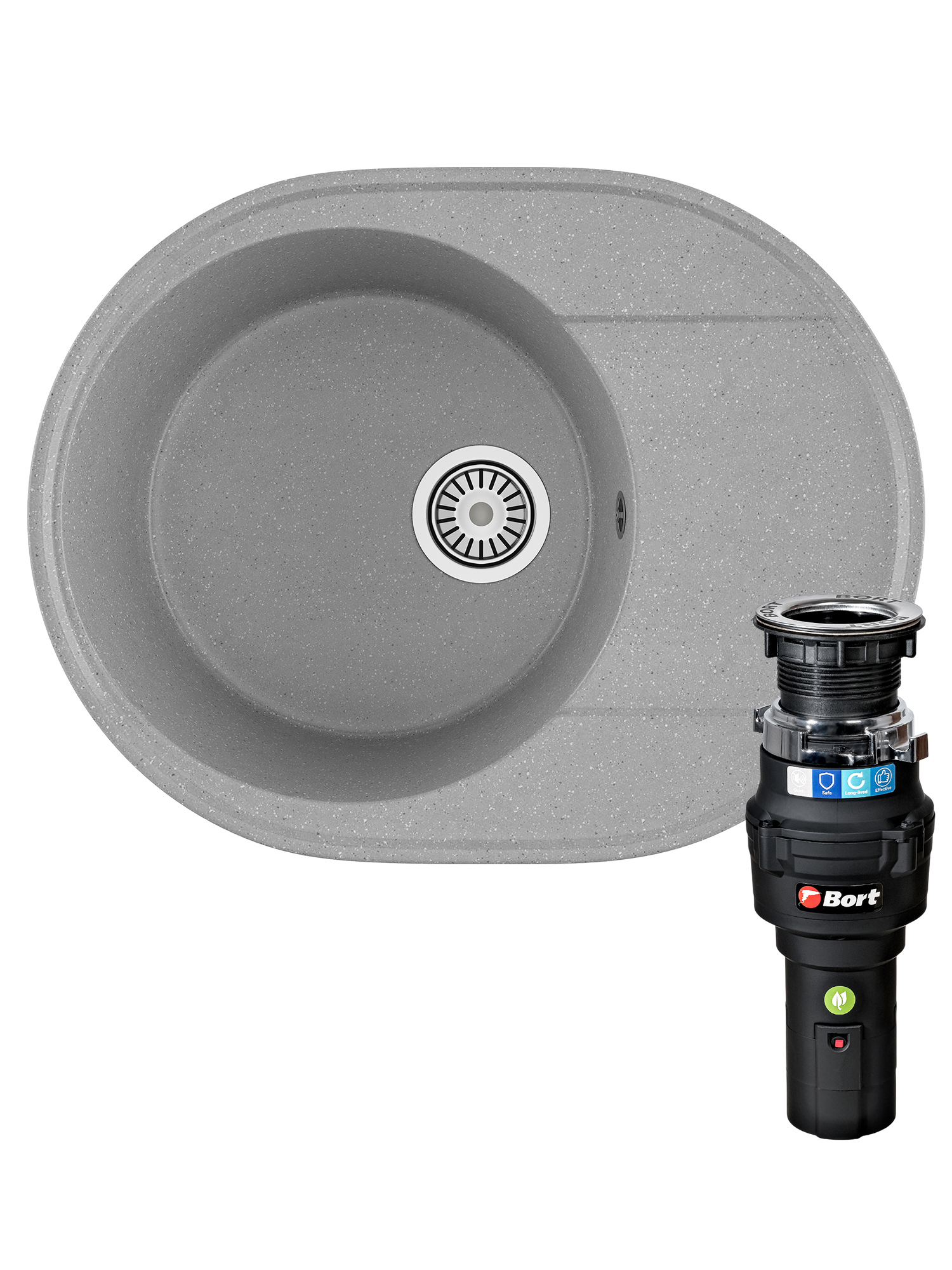 Комплект Мойка Domaci Палермо PR-610-003 61x47, серая, искусственный мрамор + Измельчитель Bort Caiman 93418064 электрический, нержавеющая сталь