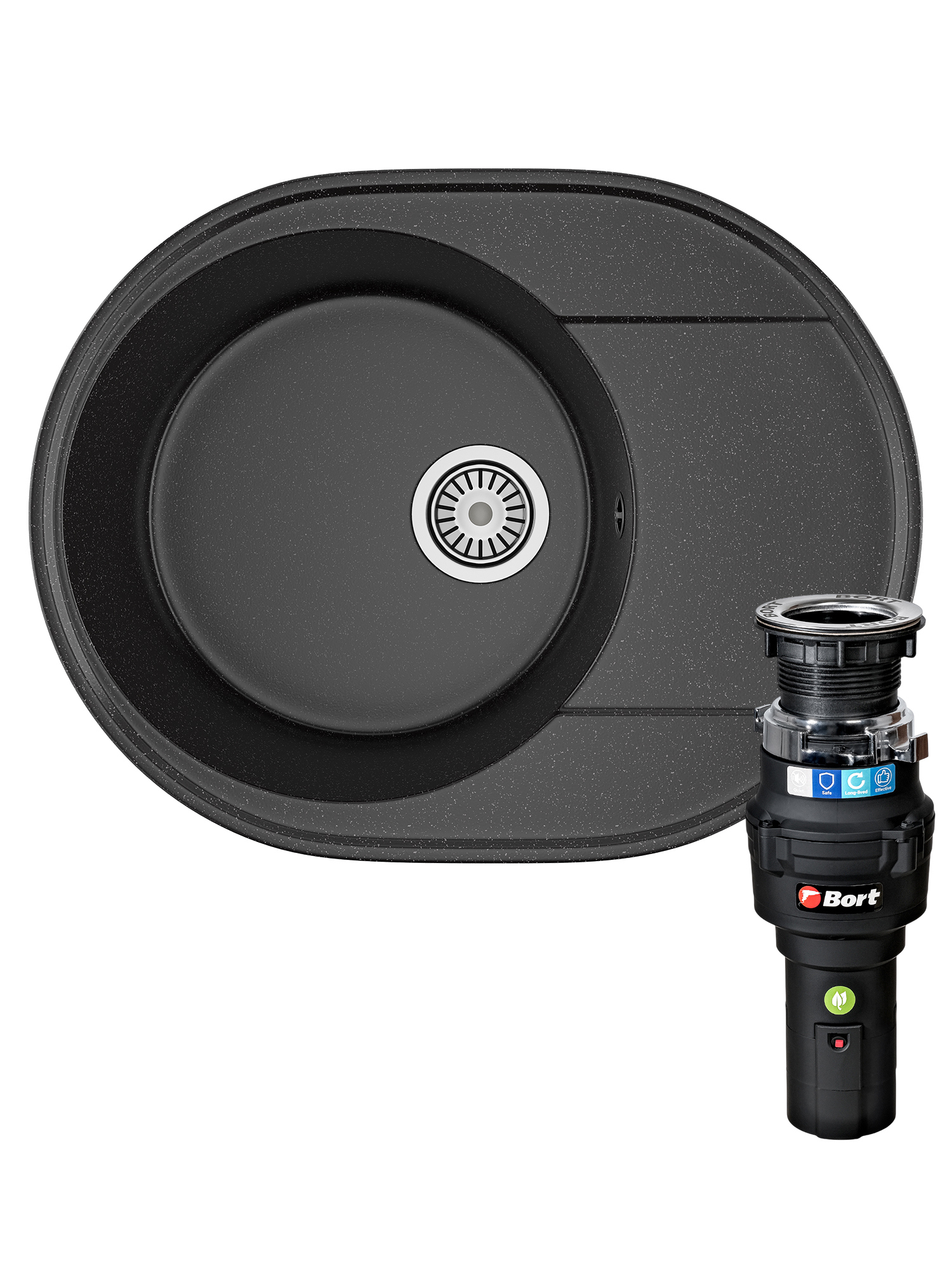 Комплект Мойка Domaci Палермо PR-610-004 61x47, черная, искусственный мрамор + Измельчитель Bort Caiman 93418064 электрический, нержавеющая сталь