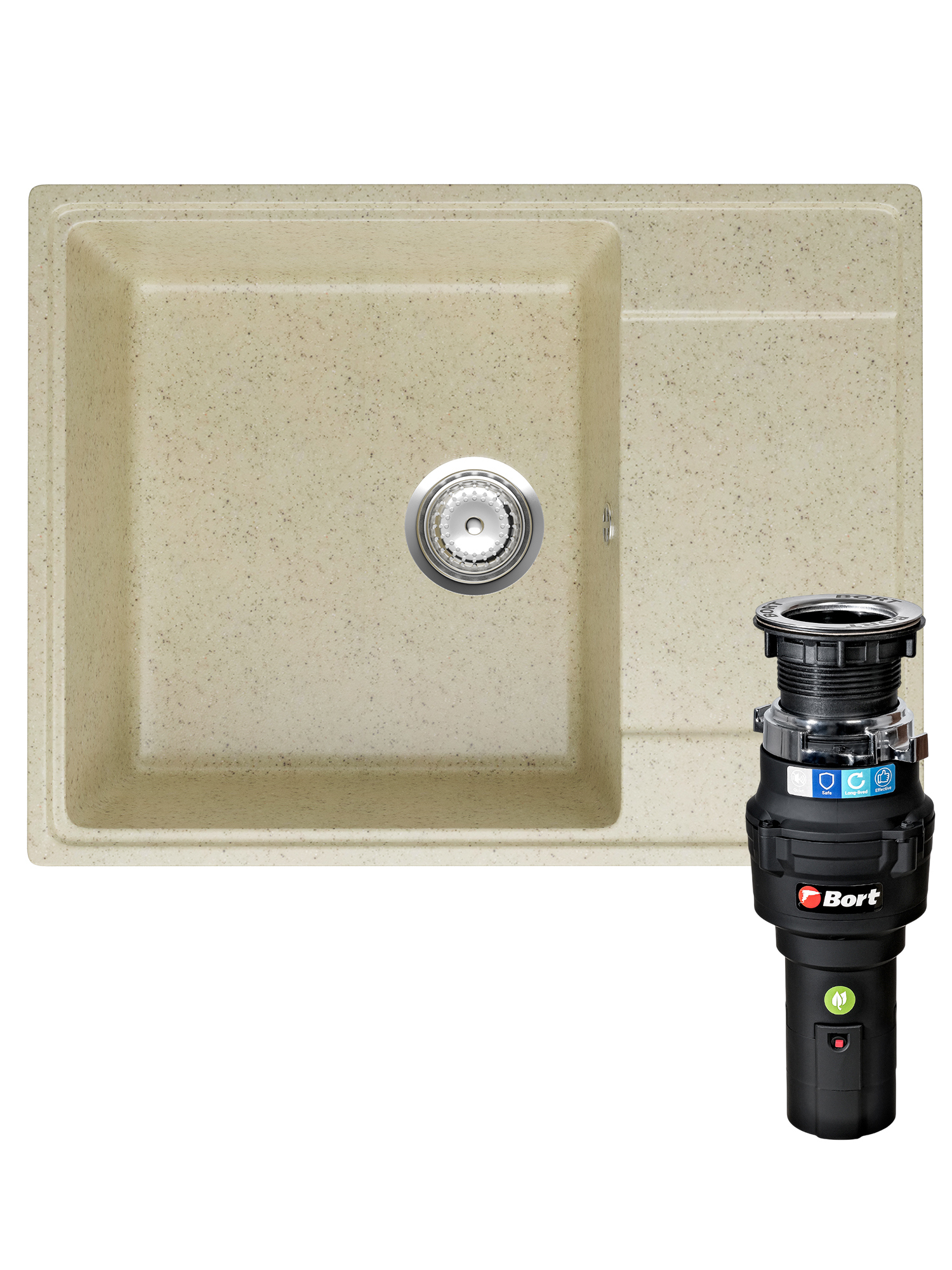 Комплект Мойка Domaci Палермо PR-650-002 65x49, бежевая, искусственный мрамор + Измельчитель Bort Caiman 93418064 электрический, нержавеющая сталь