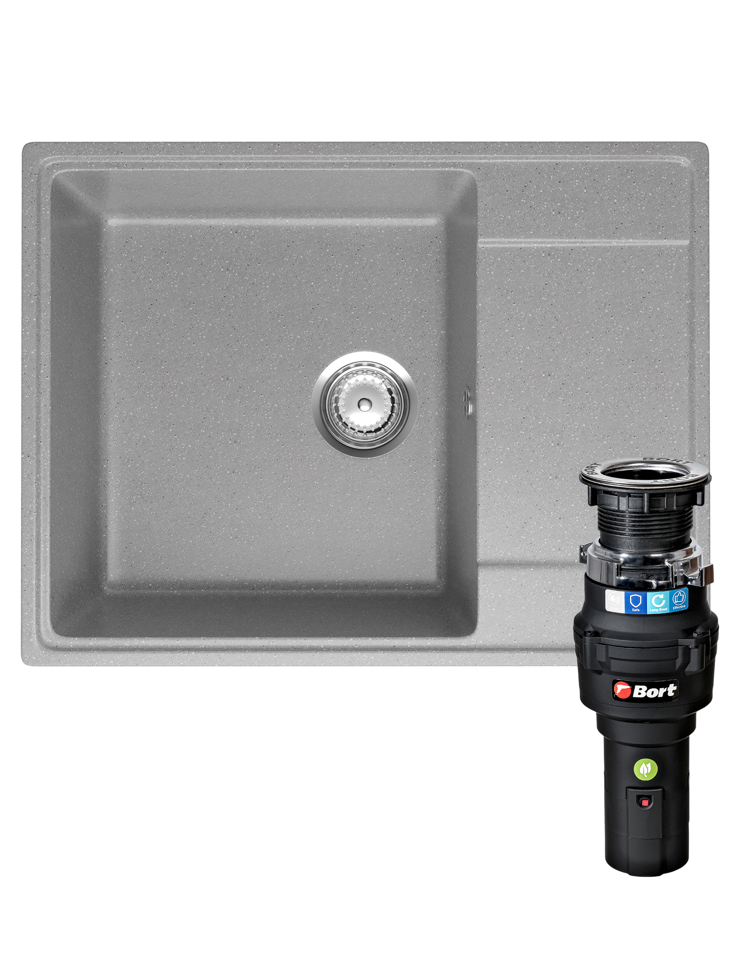 Комплект Мойка Domaci Палермо PR-650-003 65x49, серая, искусственный мрамор + Измельчитель Bort Caiman 93418064 электрический, нержавеющая сталь