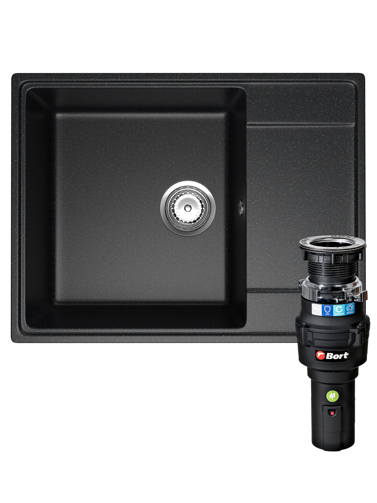 Комплект Мойка Domaci Палермо PR-650-004 65x49, черная, искусственный мрамор + Измельчитель Bort Caiman 93418064 электрический, нержавеющая сталь