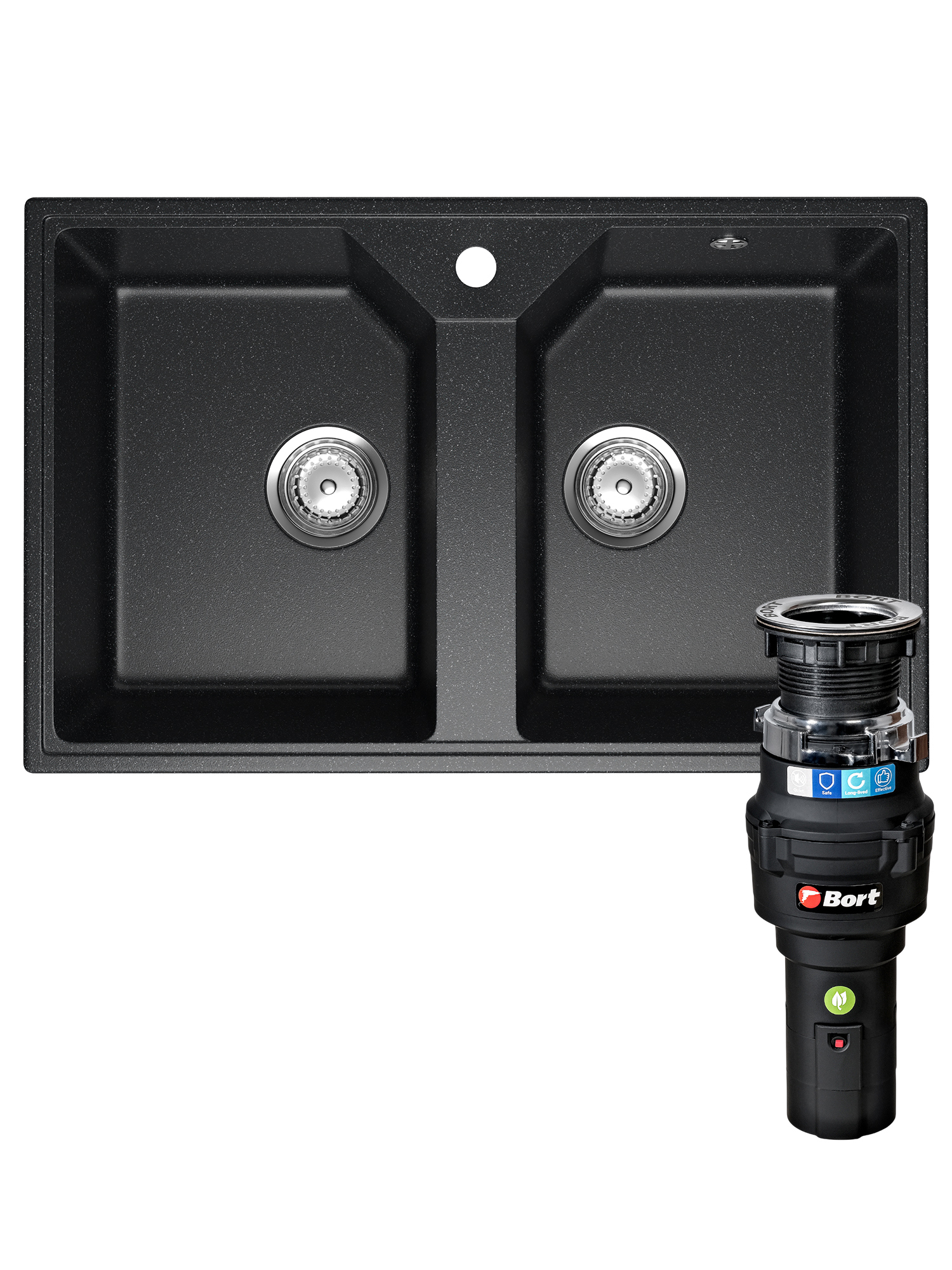 Комплект Мойка Domaci Палермо PR-770-004 77x49, черная, искусственный мрамор + Измельчитель Bort Caiman 93418064 электрический, нержавеющая сталь