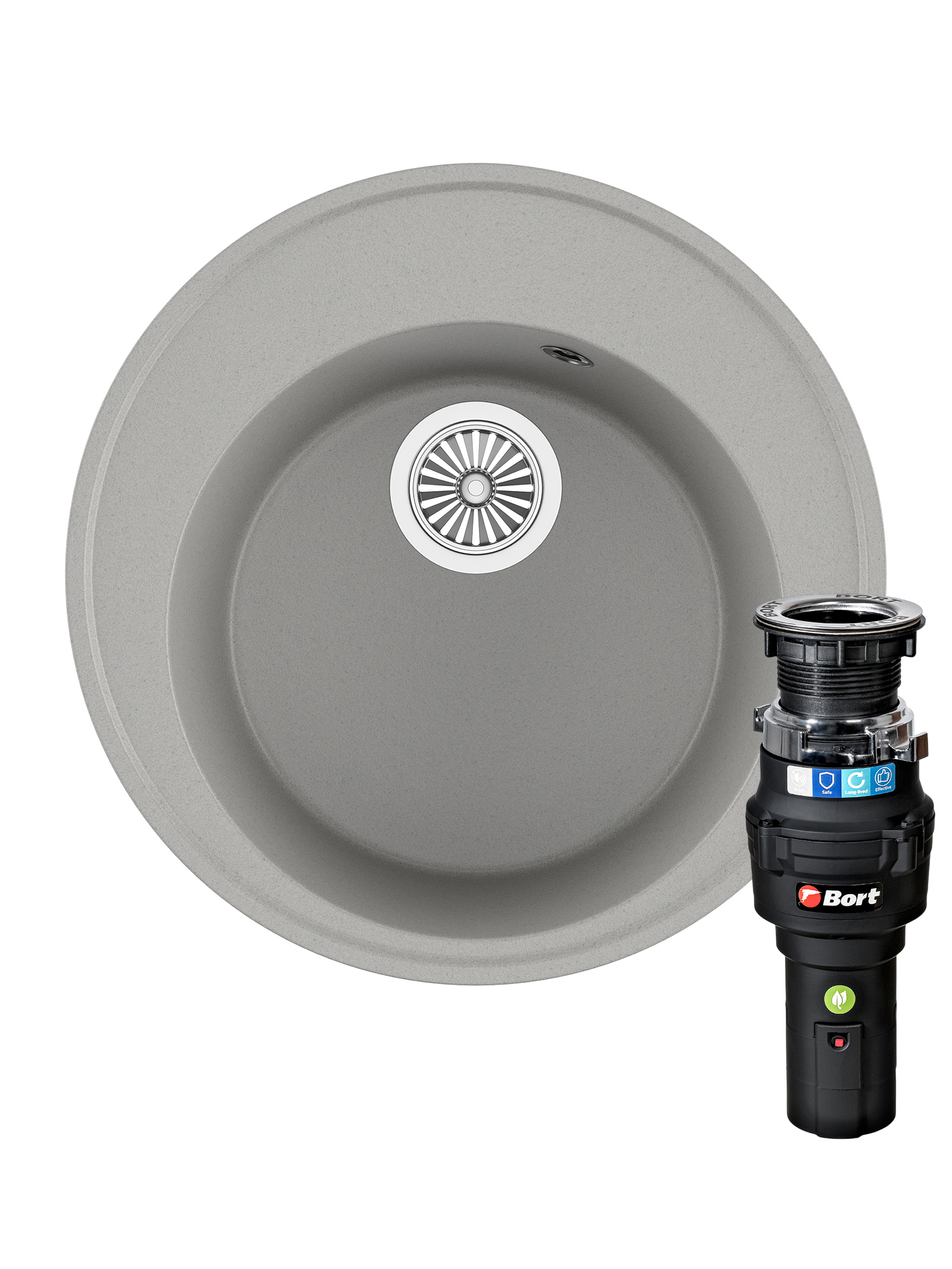 Комплект Мойка Domaci Солерно DN 485-04 48x48, платина, кварц + Измельчитель Bort Caiman 93418064 электрический, нержавеющая сталь
