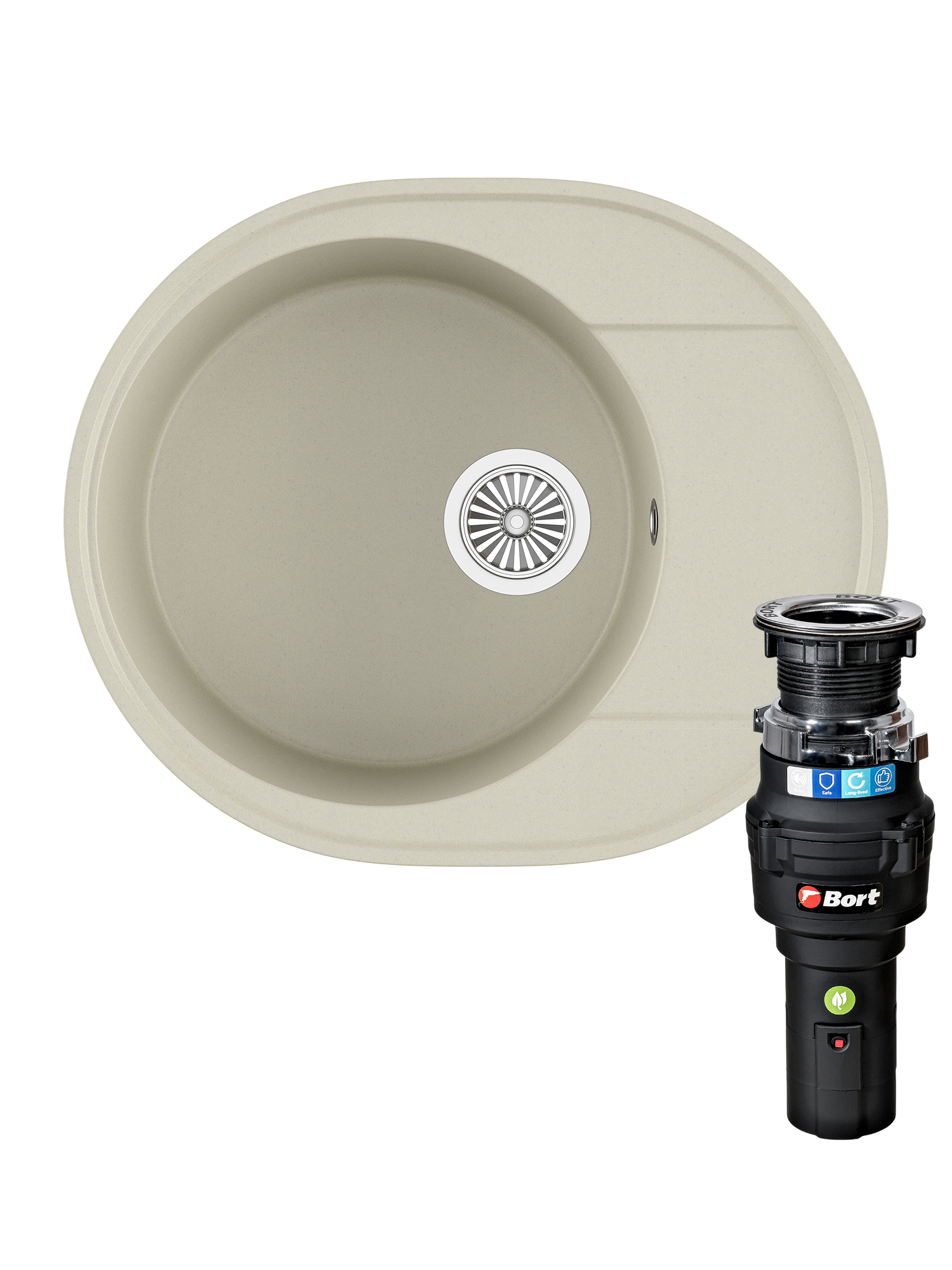 Комплект Мойка Domaci Солерно DN 585-02 58x48, лен, кварц + Измельчитель Bort Caiman 93418064 электрический, нержавеющая сталь