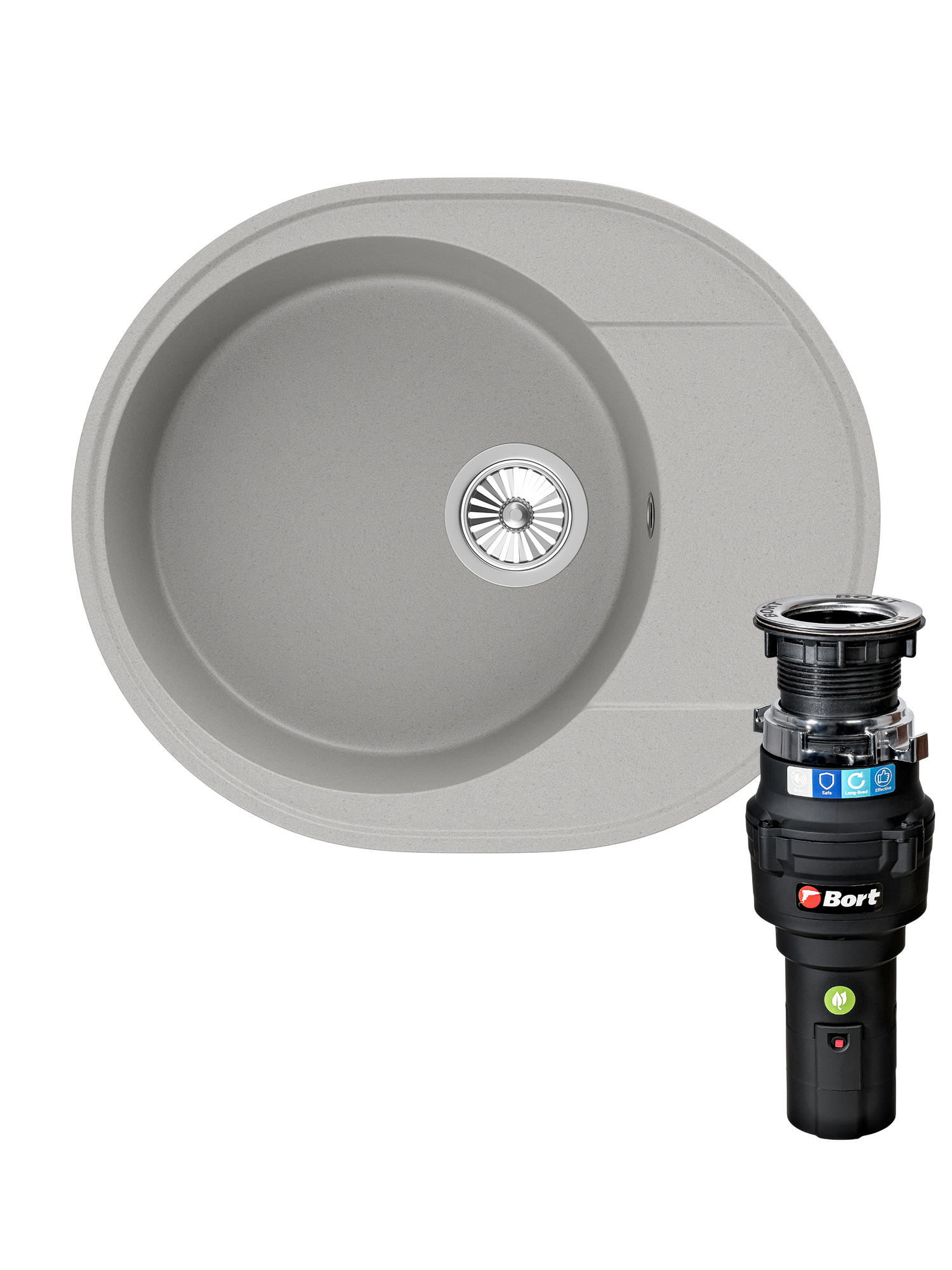 Комплект Мойка Domaci Солерно DN 585-04 58x48, платина, кварц + Измельчитель Bort Caiman 93418064 электрический, нержавеющая сталь