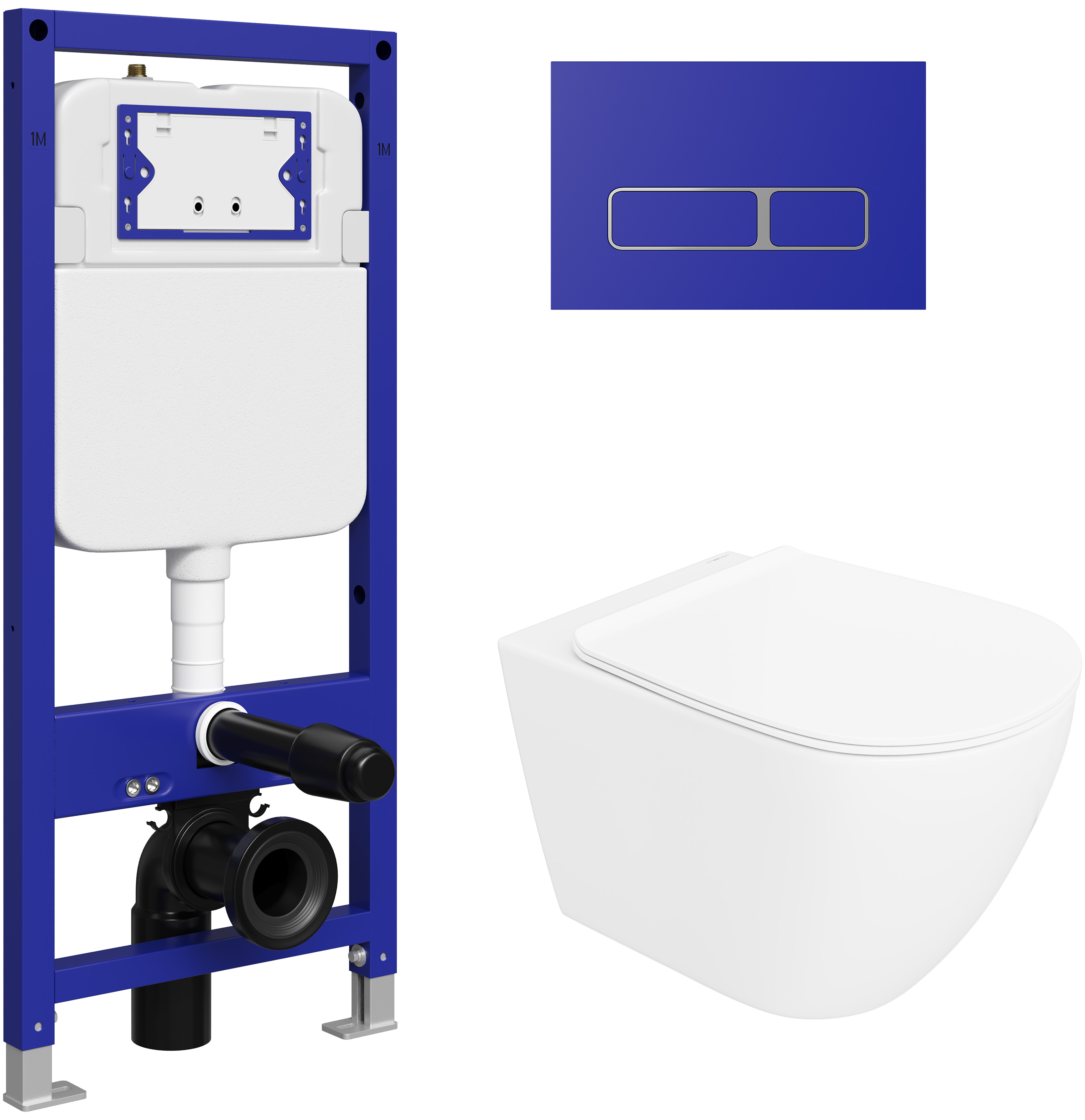 Комплект 3 в 1 Унитаз подвесной STWORKI Готланд S13401WH, безободковый, с микролифтом, глянцевый белый, антивсплеск + Инсталляция S510000 + Кнопка Кронборг S28505BL цвет матовый синий