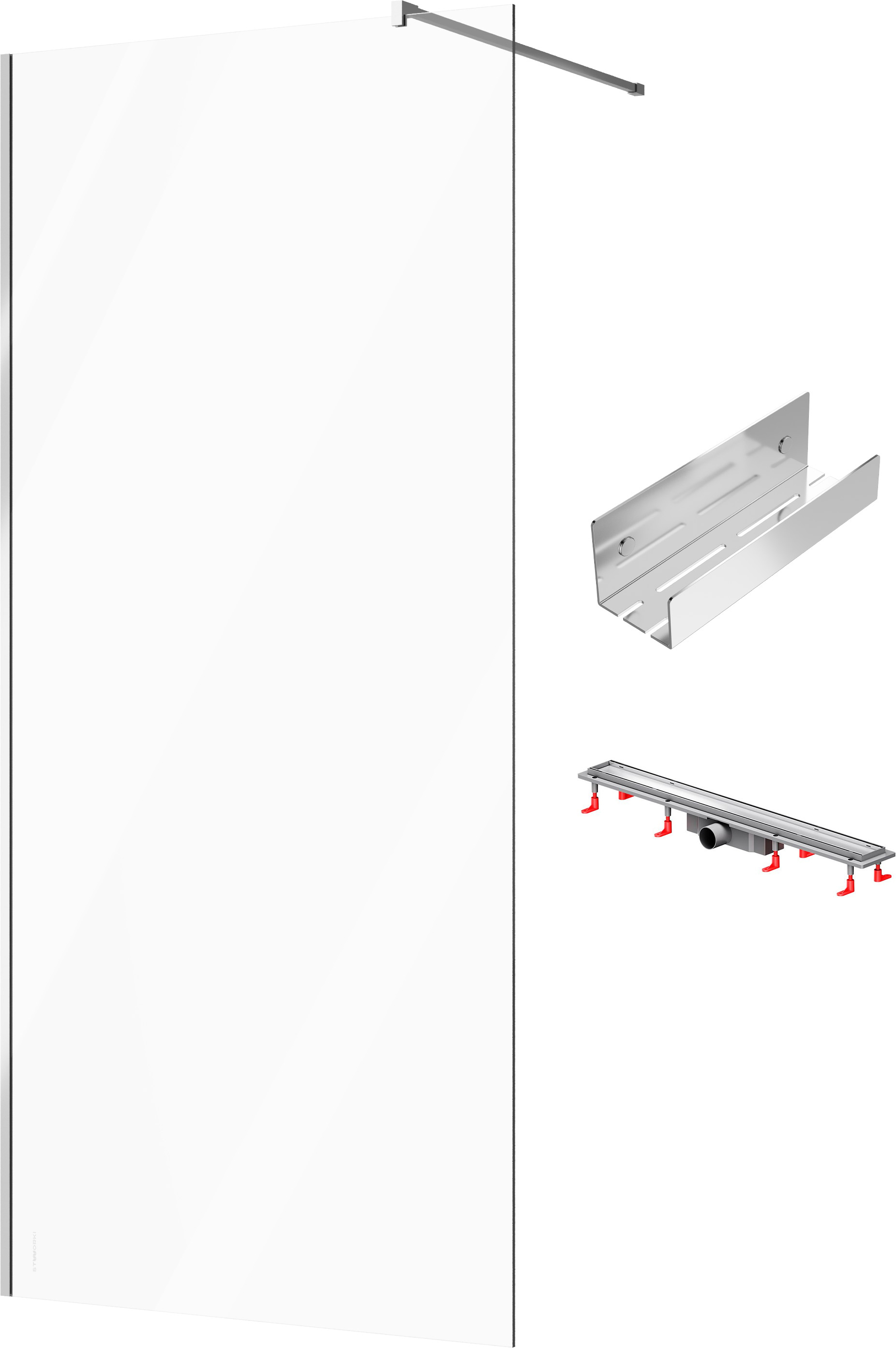 Душевая перегородка STWORKI Берген 100 см + Душевой трап (лоток) AM.PM PrimeFlow Tile 80 см + Полка для душа STWORKI Стокгольм S36375CR