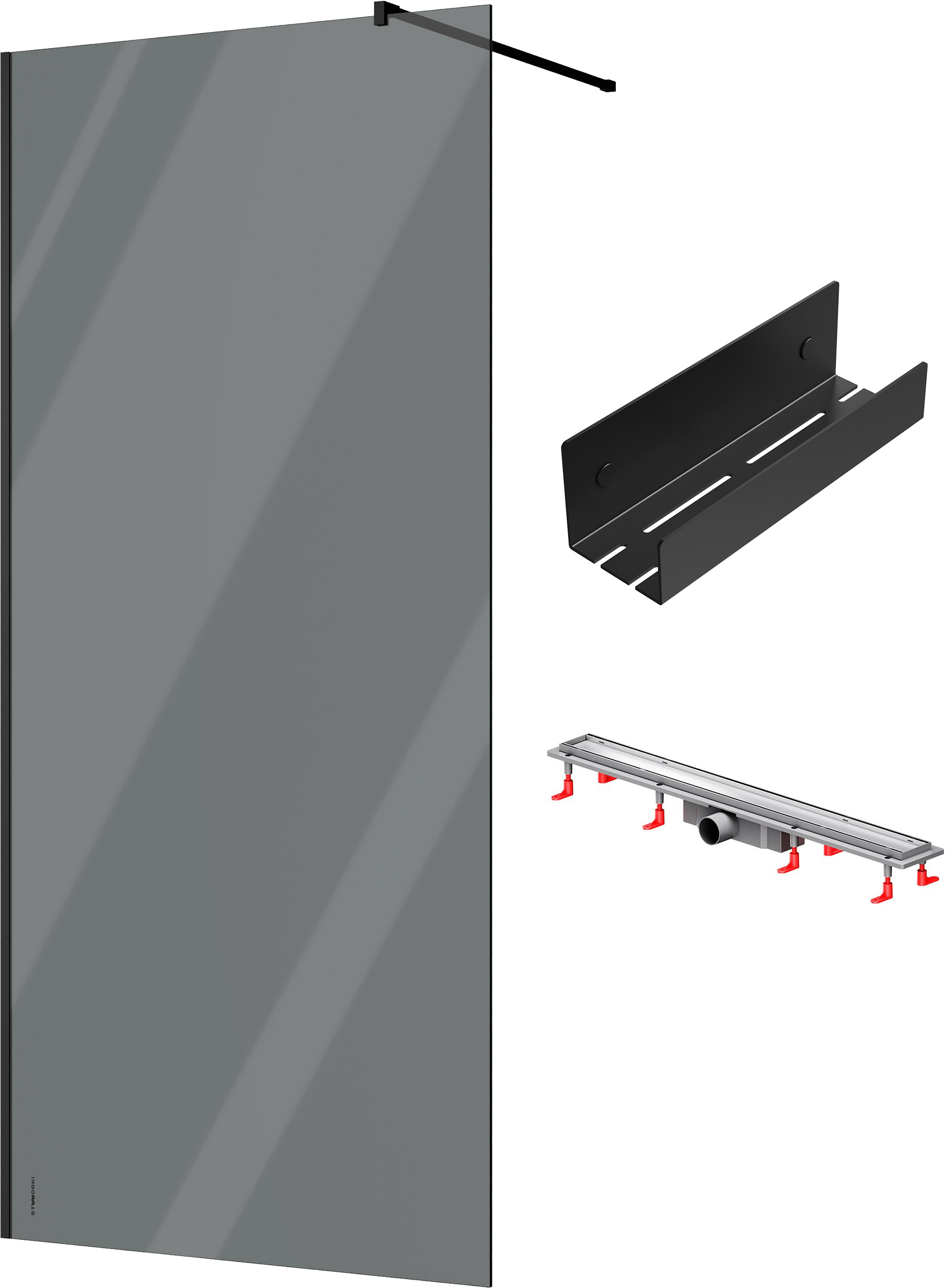 Душевая перегородка STWORKI Берген 100 см + Душевой трап (лоток) AM.PM PrimeFlow Tile 80 см  + Полка для душа STWORKI Стокгольм  S36375BK