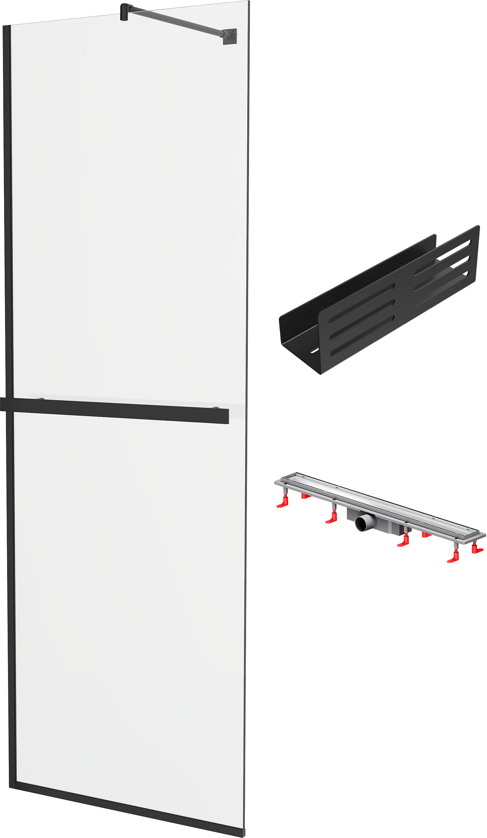 Душевая перегородка DIWO Элиста 70 см + Душевой трап (лоток) AM.PM PrimeFlow Tile 80 см + Полка для душа STWORKI Стокгольм S36376BK