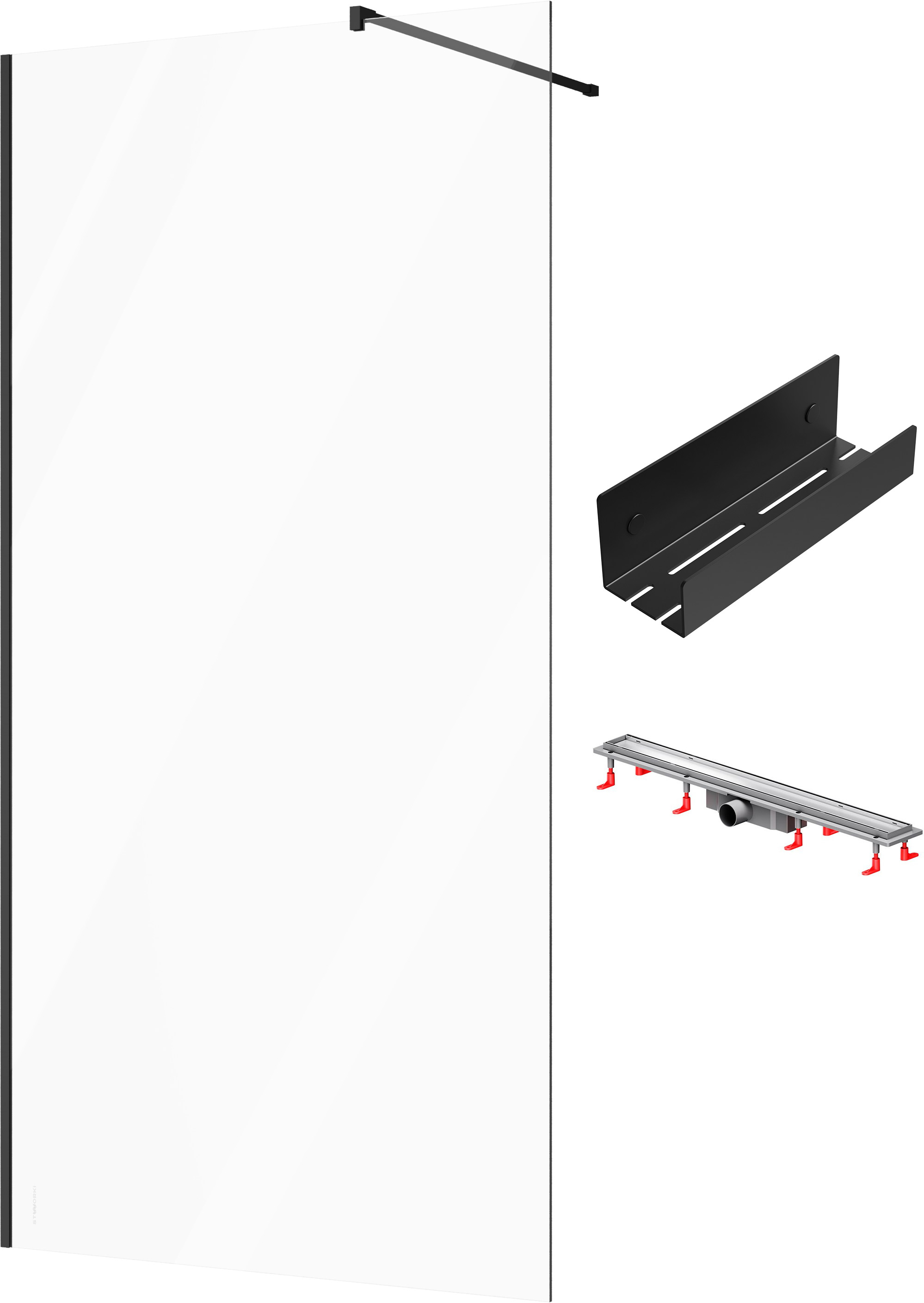 Душевая перегородка STWORKI Берген 110 см + Душевой трап (лоток) AM.PM PrimeFlow Tile 80 см + Полка для душа STWORKI Стокгольм S36375BK