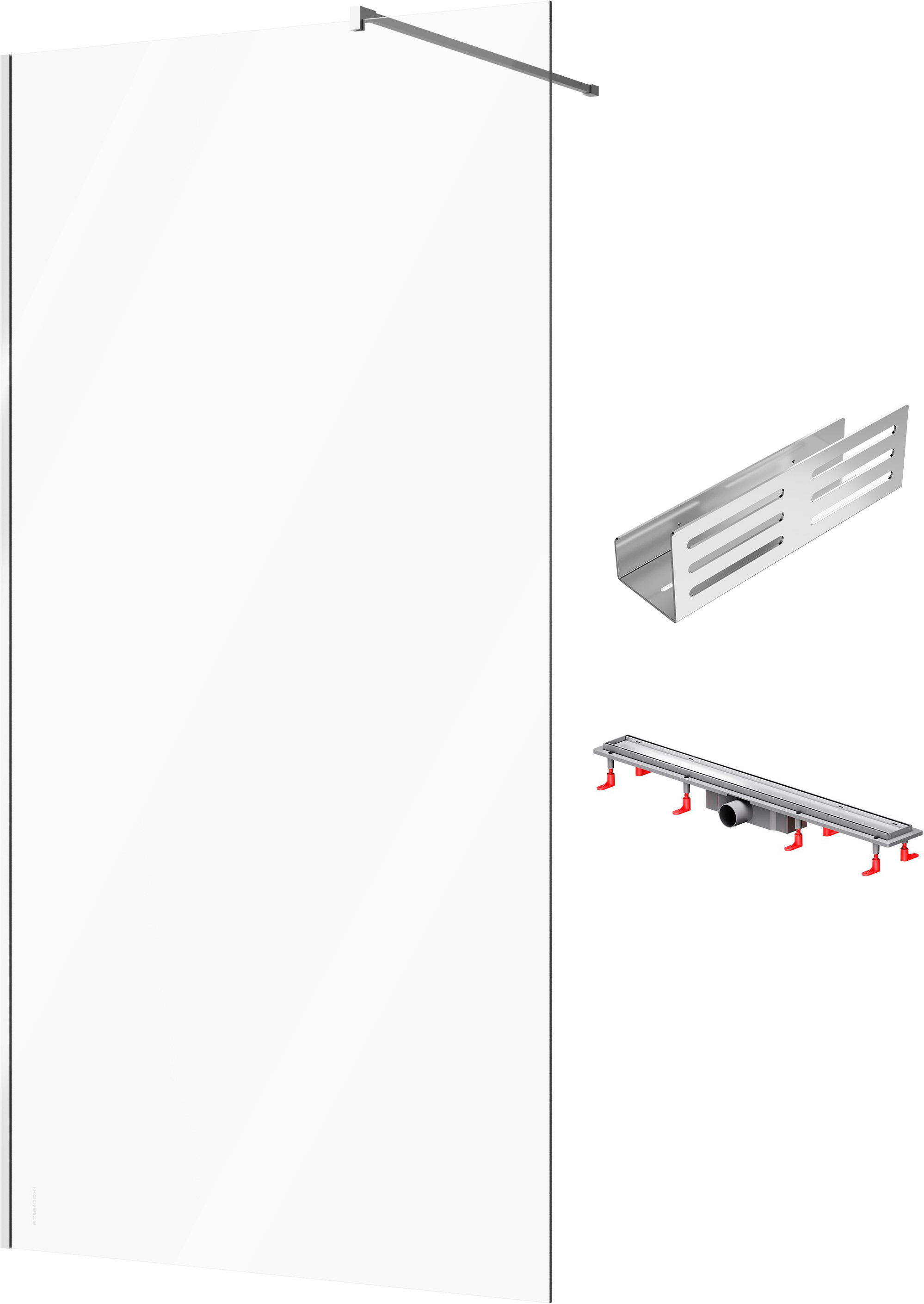 Душевая перегородка STWORKI Берген 110 см + Душевой трап (лоток) AM.PM PrimeFlow Tile 80 см + Полка для душа STWORKI Стокгольм S36376CR