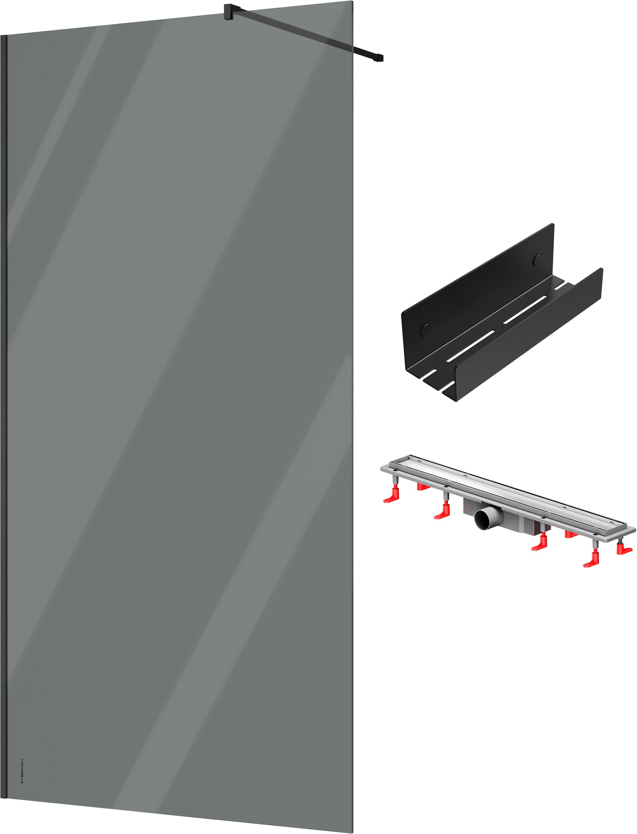 Душевая перегородка STWORKI Берген 110 см + Душевой трап (лоток) AM.PM PrimeFlow Tile 70 см + Полка для душа STWORKI Стокгольм S36375BK