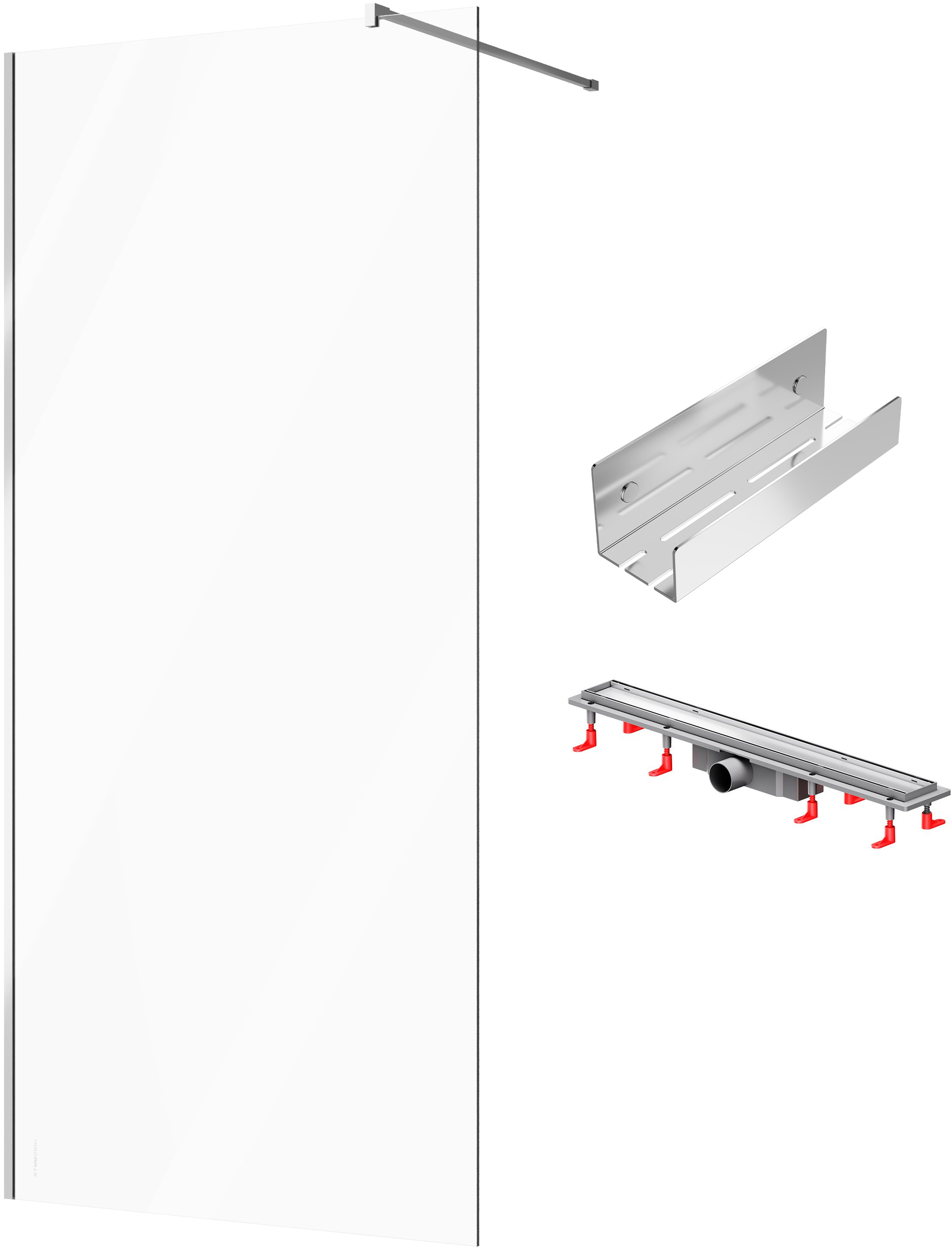 Душевая перегородка STWORKI Берген 100 см + Душевой трап (лоток) AM.PM PrimeFlow Tile 70 см + Полка для душа STWORKI Стокгольм S36375CR