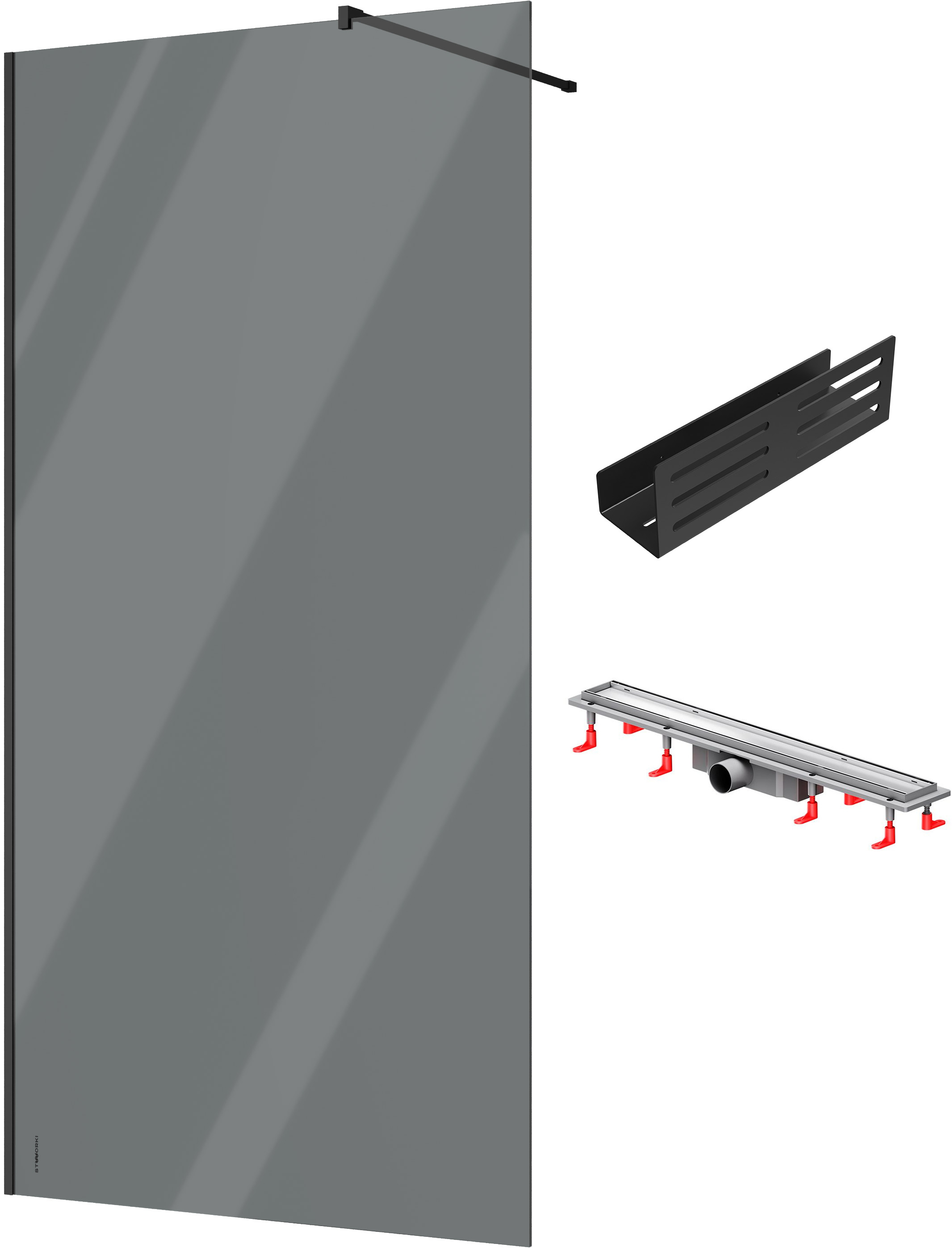Душевая перегородка STWORKI Берген 110 см + Душевой трап (лоток) AM.PM PrimeFlow Tile 70 см + Полка для душа STWORKI Стокгольм S36376BK