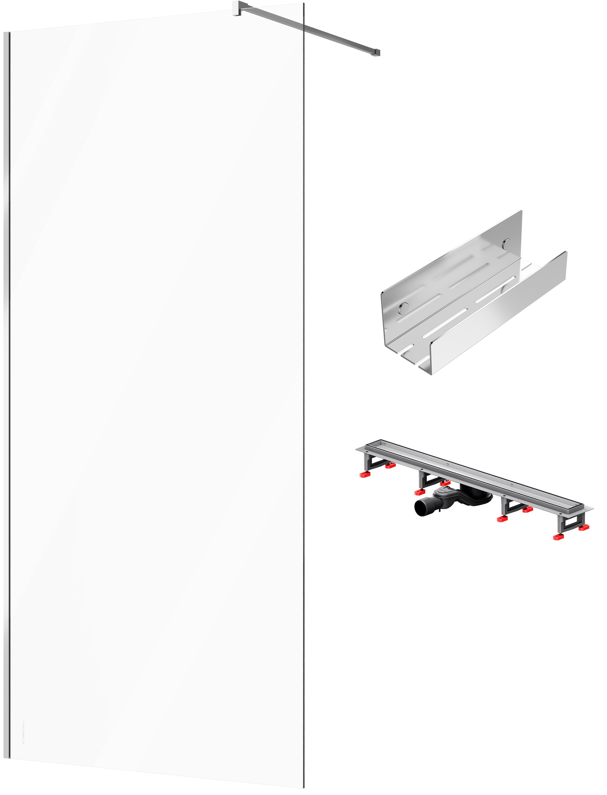 Душевая перегородка STWORKI Берген 100 см + Душевой трап (лоток) AM.PM MasterFlow Tile 80 см + Полка для душа STWORKI Стокгольм S36375CR