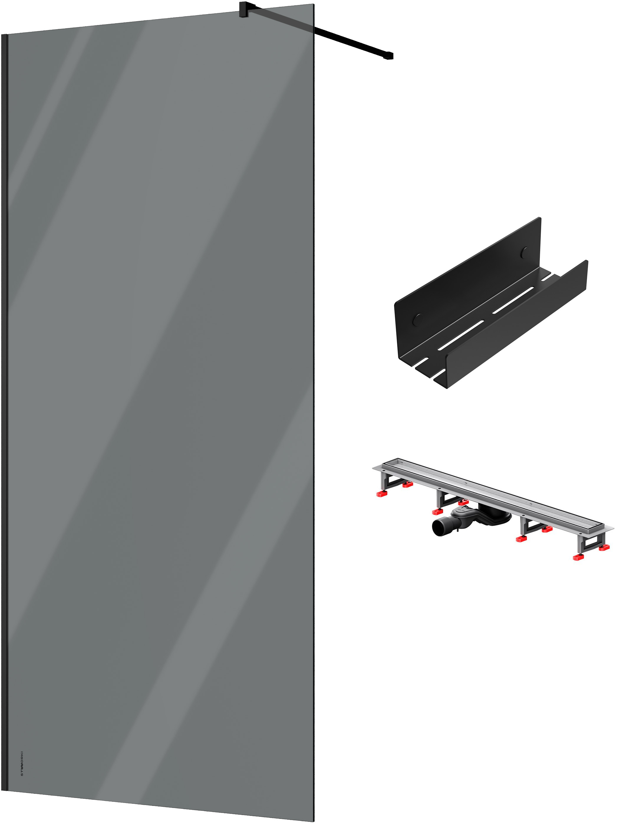 Душевая перегородка STWORKI Берген 100 см + Душевой трап (лоток) AM.PM MasterFlow Tile 80 см + Полка для душа STWORKI Стокгольм S36375BK