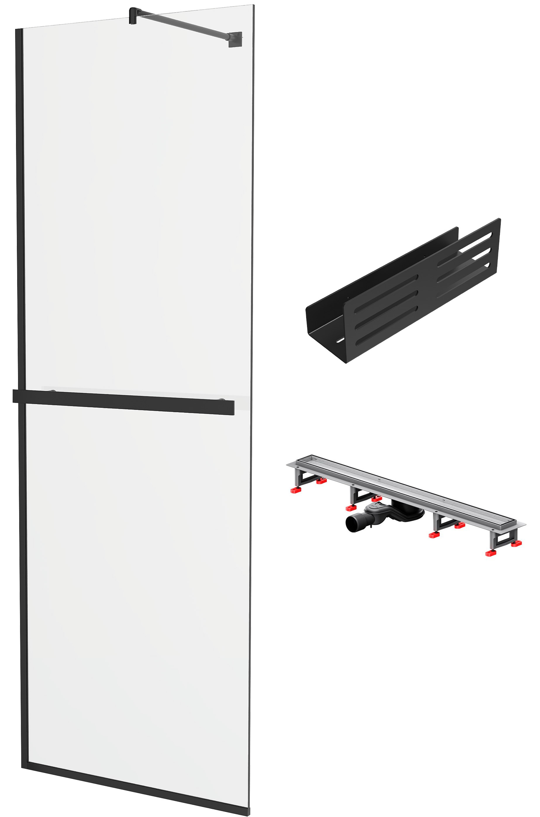Душевая перегородка DIWO Элиста 70 см + Душевой трап (лоток) AM.PM MasterFlow Tile 80 см + Полка для душа STWORKI Стокгольм S36376BK