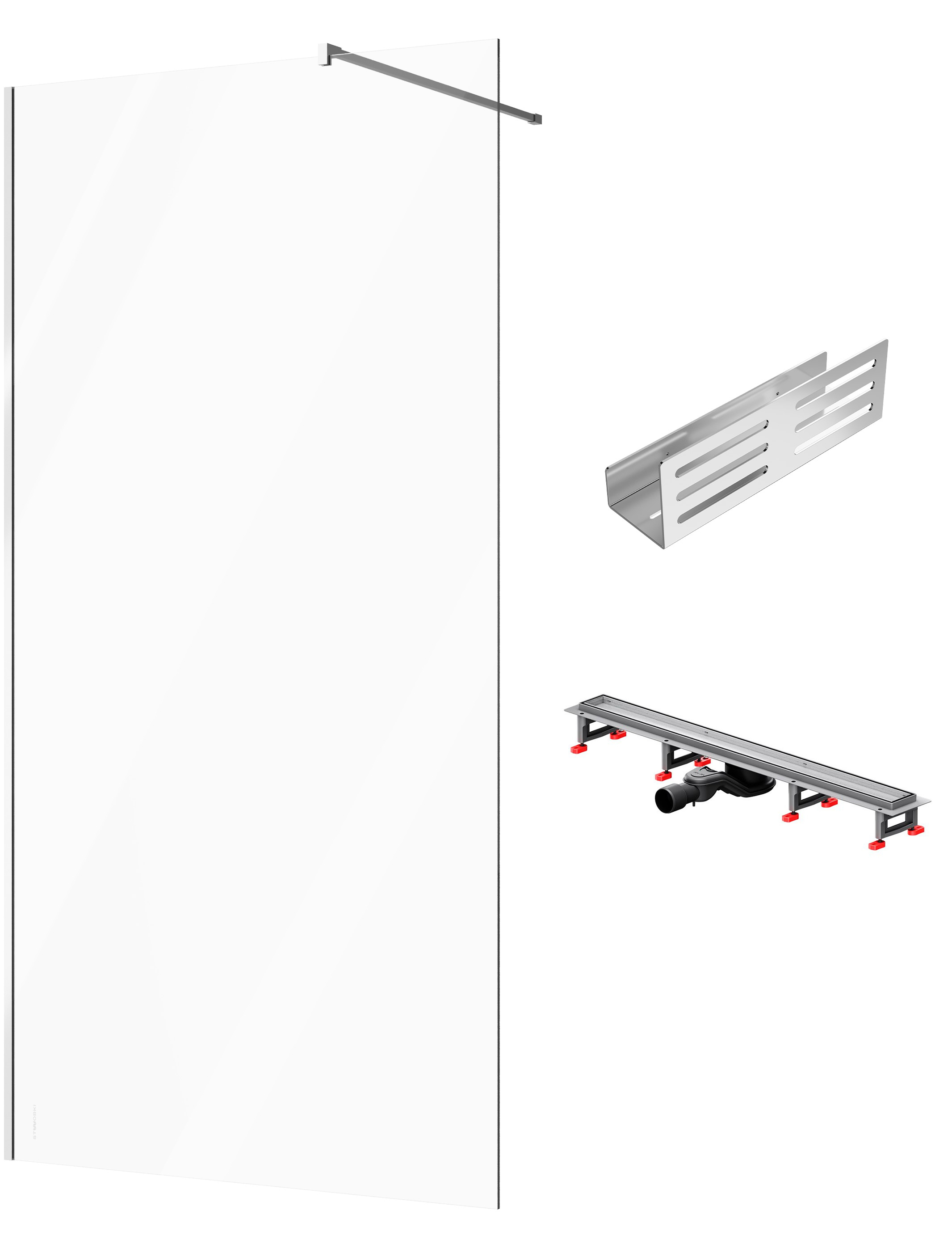 Душевая перегородка STWORKI Берген 110 см + Душевой трап (лоток) AM.PM MasterFlow Tile 80 см + Полка для душа STWORKI Стокгольм S36376CR