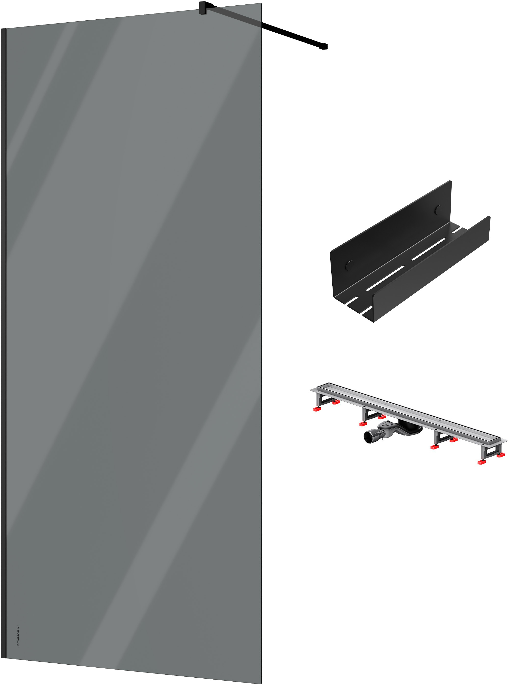 Душевая перегородка STWORKI Берген 100 см + Душевой трап (лоток) AM.PM MasterFlow Tile 90 см + Полка для душа STWORKI Стокгольм S36375BK