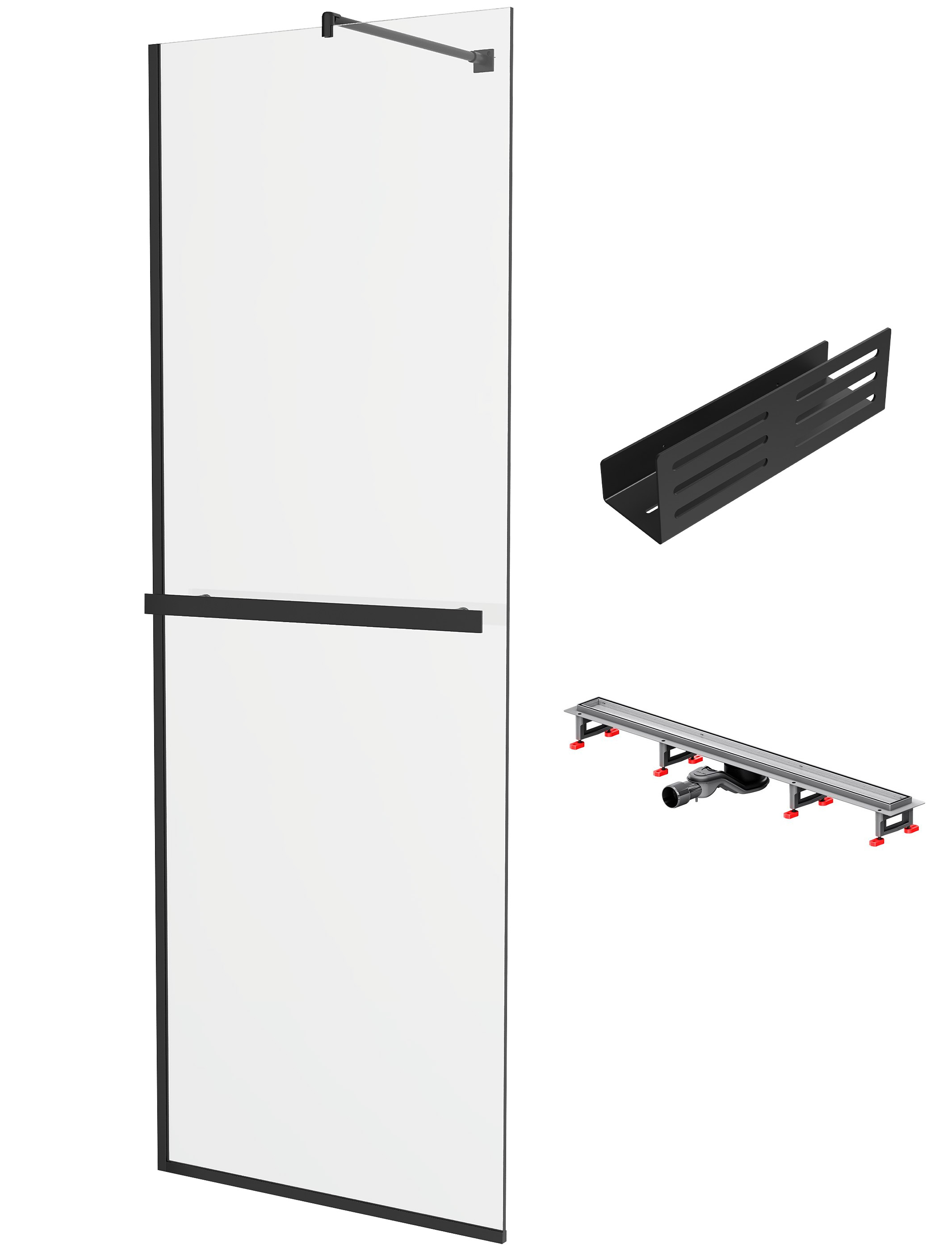 Душевая перегородка DIWO Элиста 70 см + Душевой трап (лоток) AM.PM MasterFlow Tile 90 см + Полка для душа STWORKI Стокгольм S36376BK