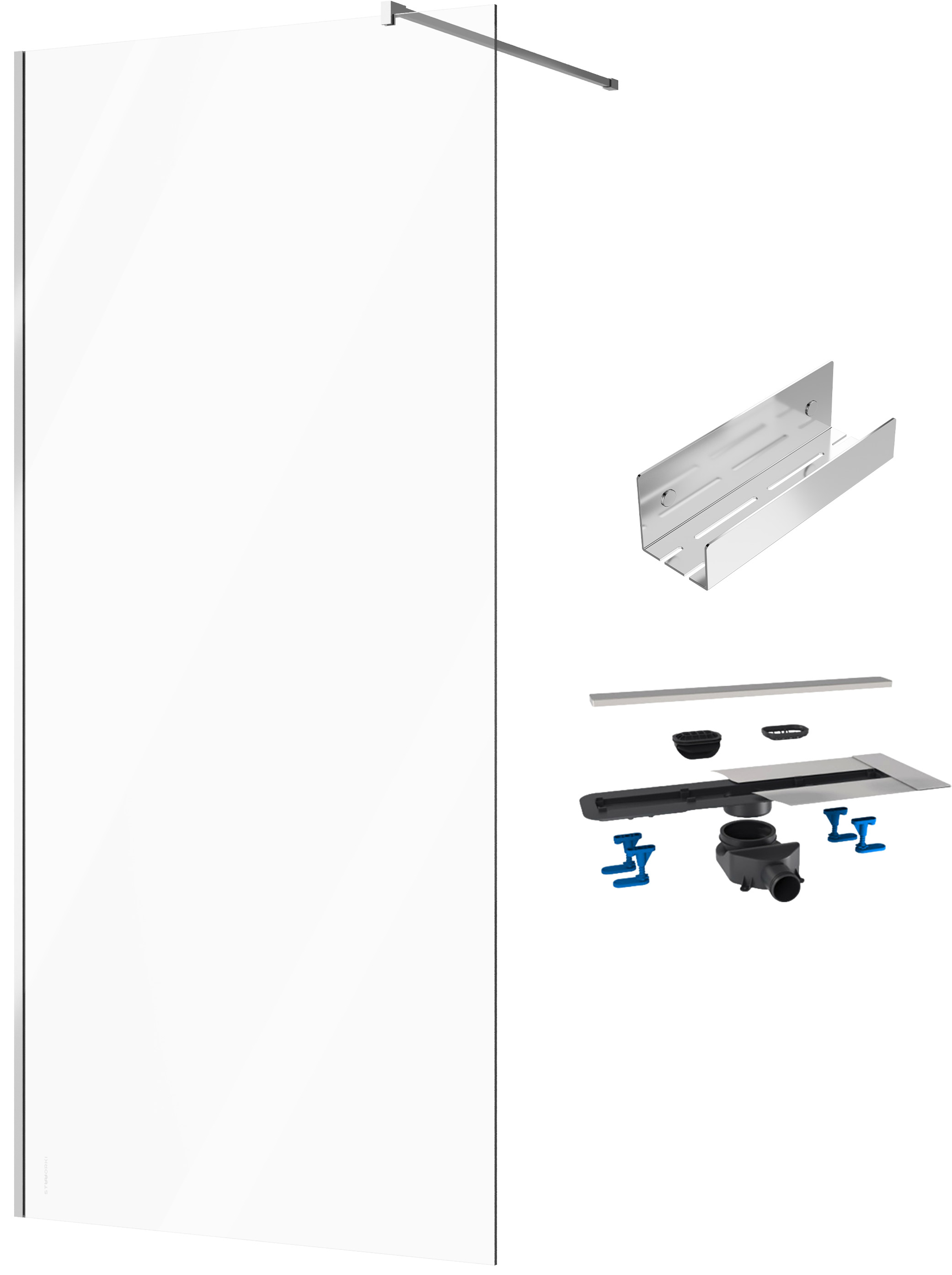 Душевая перегородка STWORKI Берген 110 см + Душевой трап (лоток) BETTOSERB Frameless Line 650 Drain 65 см + Полка для душа STWORKI Стокгольм S36375CR