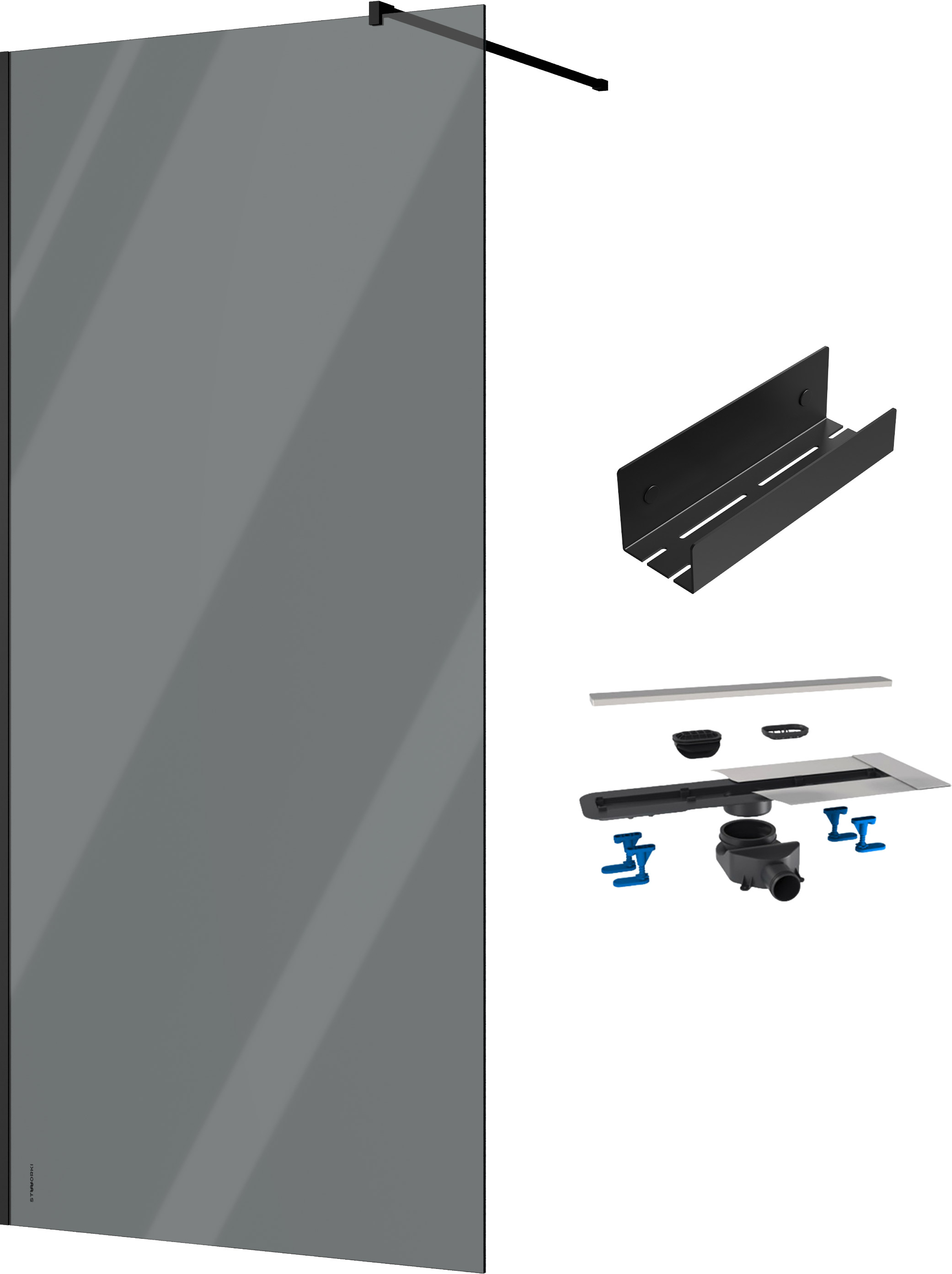 Душевая перегородка STWORKI Берген 100 см + Душевой трап (лоток) BETTOSERB Frameless Line 650 Drain 65 см + Полка для душа STWORKI Стокгольм S36375BK