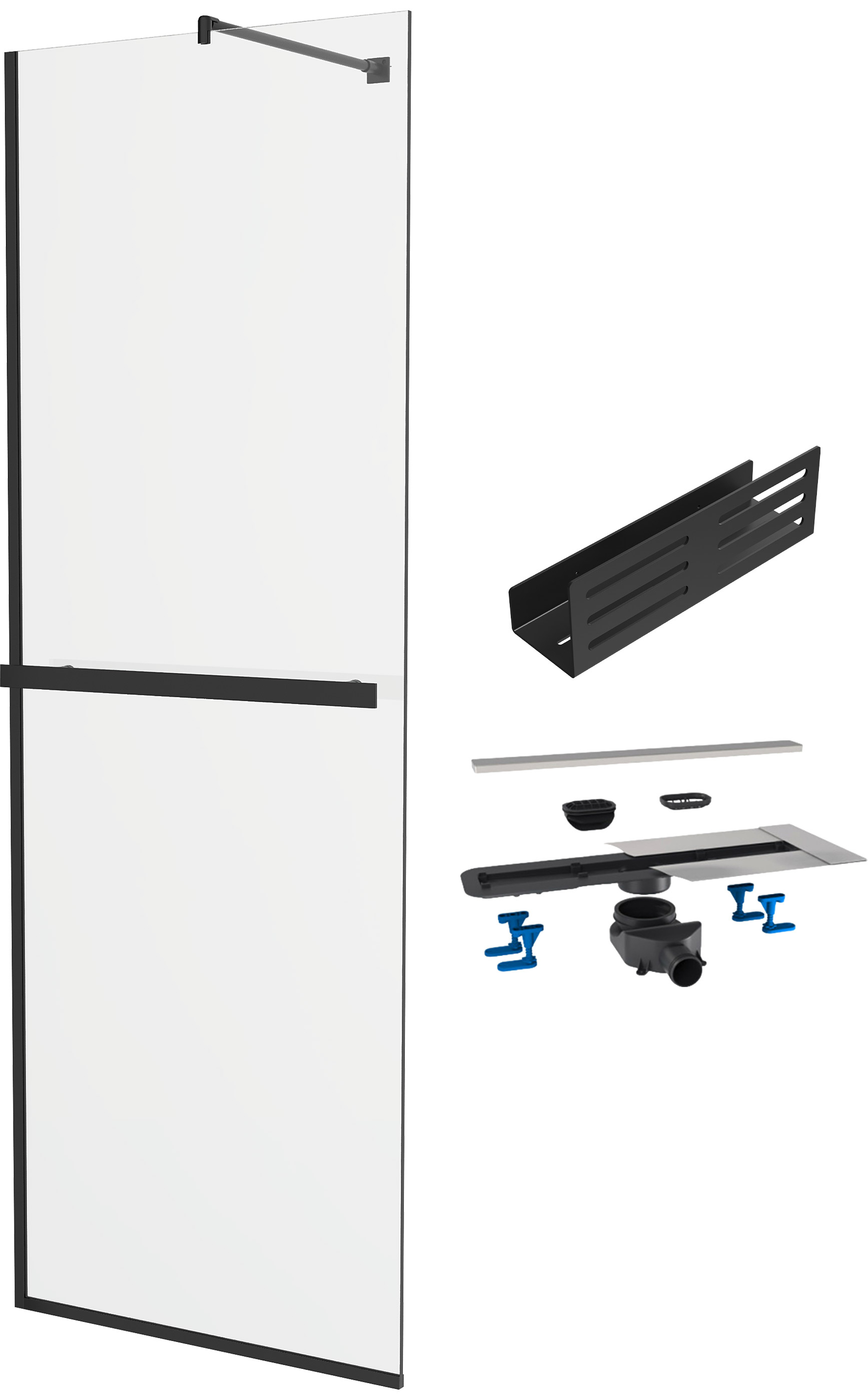 Душевая перегородка DIWO Элиста 70 см + Душевой трап (лоток) BETTOSERB Frameless Line 650 Drain 65 см + Полка для душа STWORKI Стокгольм S36376BK