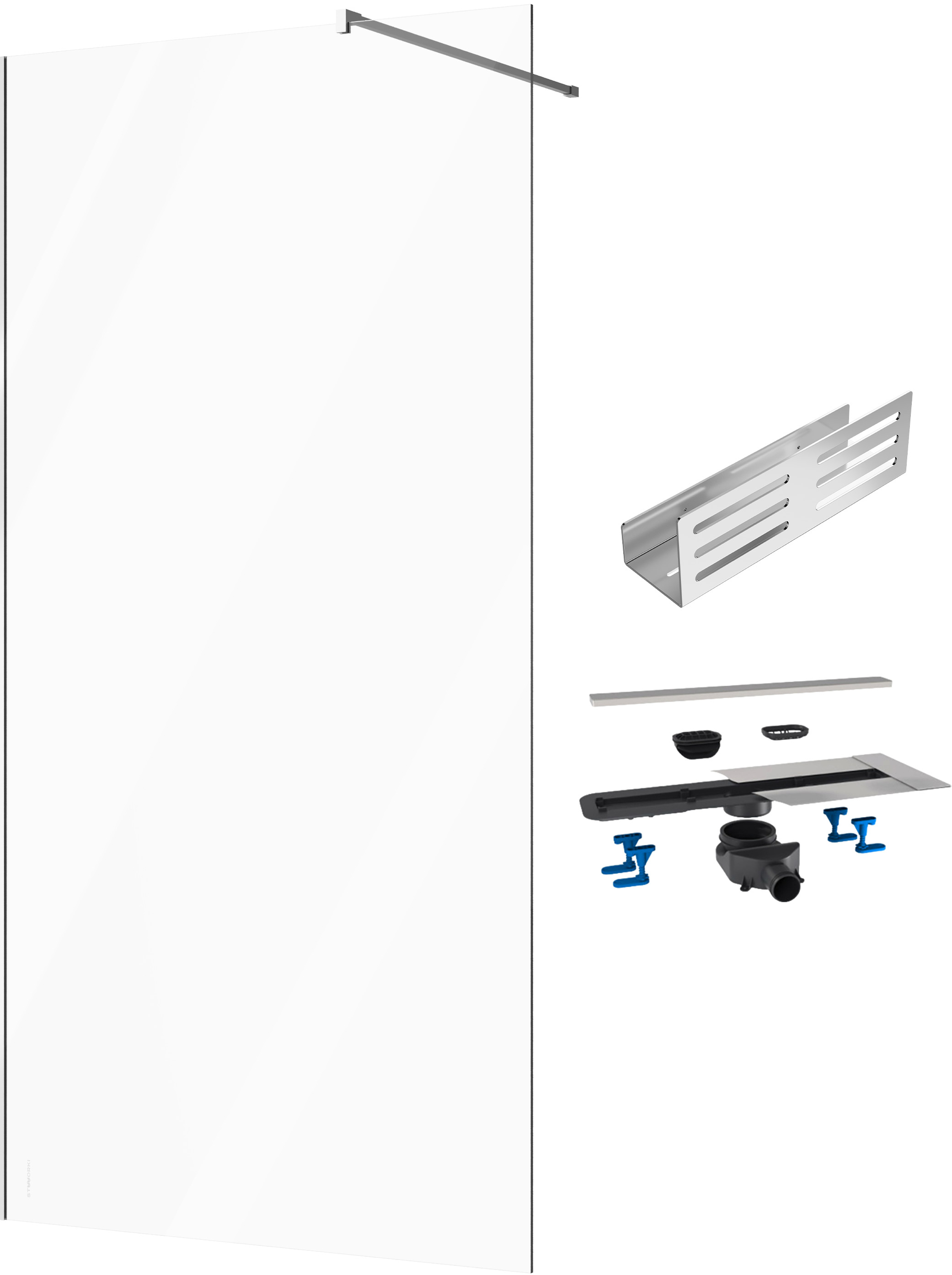 Душевая перегородка STWORKI Берген 110 см + Душевой трап (лоток) BETTOSERB Frameless Line 650 Drain 65 см + Полка для душа STWORKI Стокгольм S36376CR