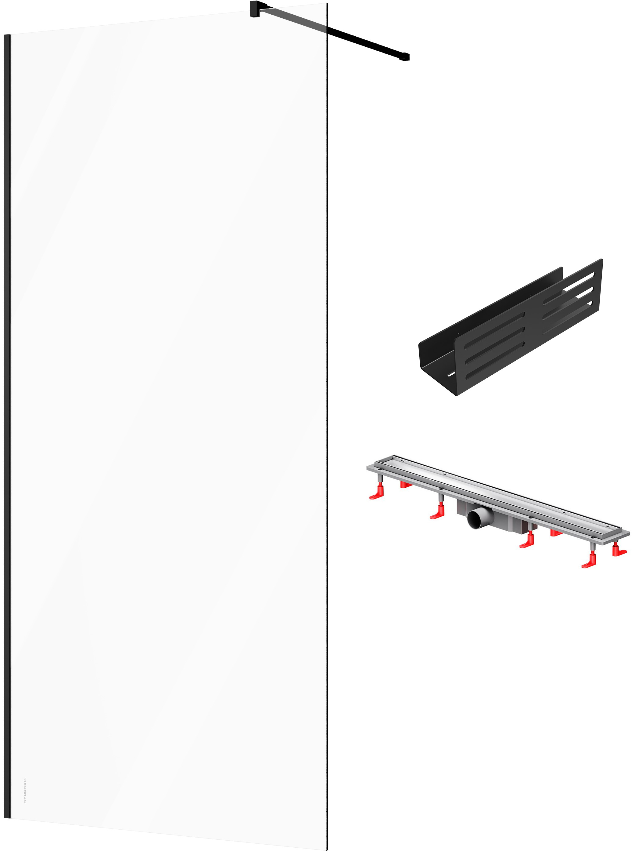 Душевая перегородка STWORKI Берген 100 см + Душевой трап (лоток) AM.PM PrimeFlow Tile 80 см + Полка для душа STWORKI Стокгольм S36376BK