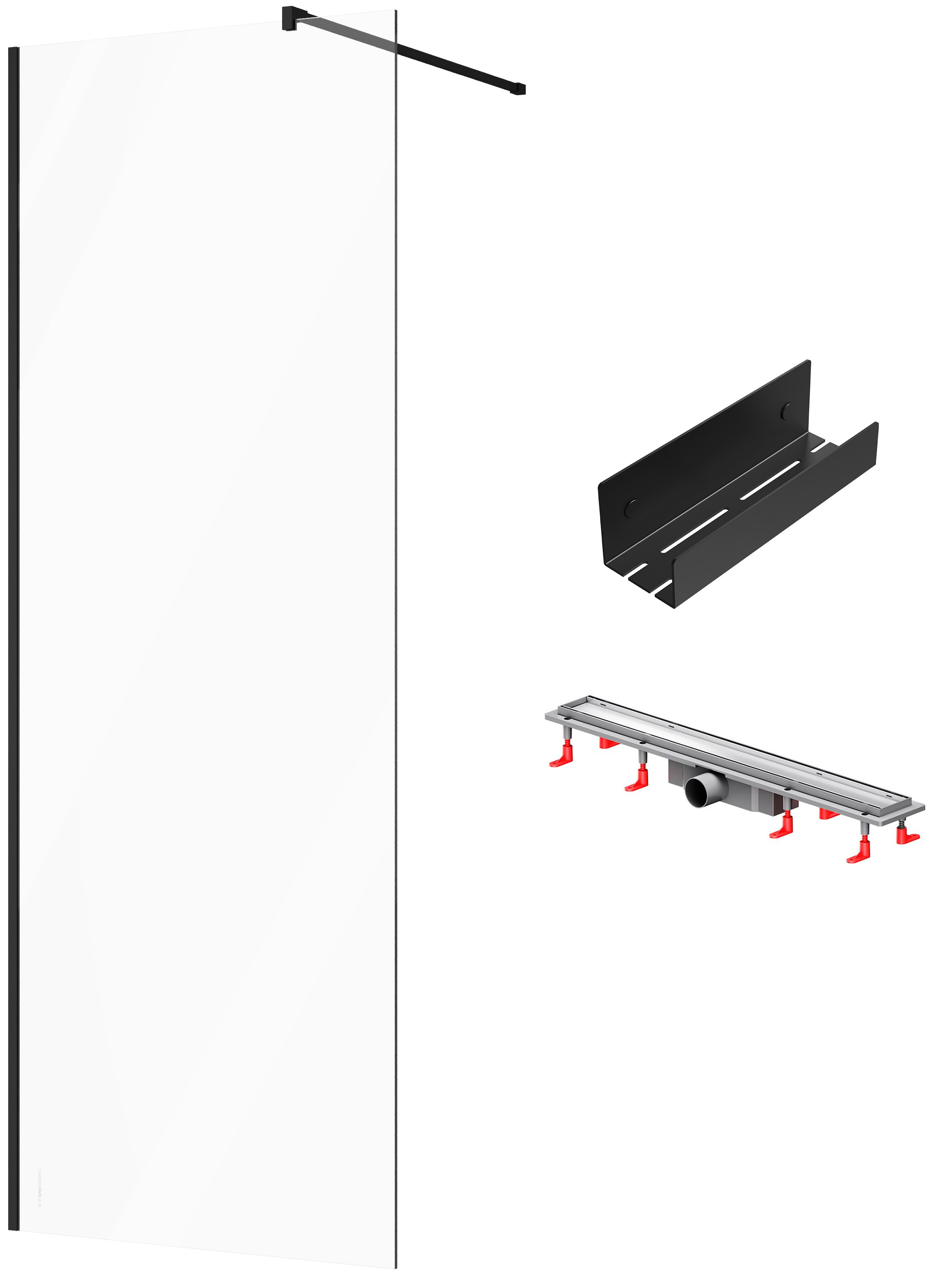 Душевая перегородка STWORKI Берген 80 см + Душевой трап (лоток) AM.PM PrimeFlow Tile 70 см + Полка для душа STWORKI Стокгольм S36375BK