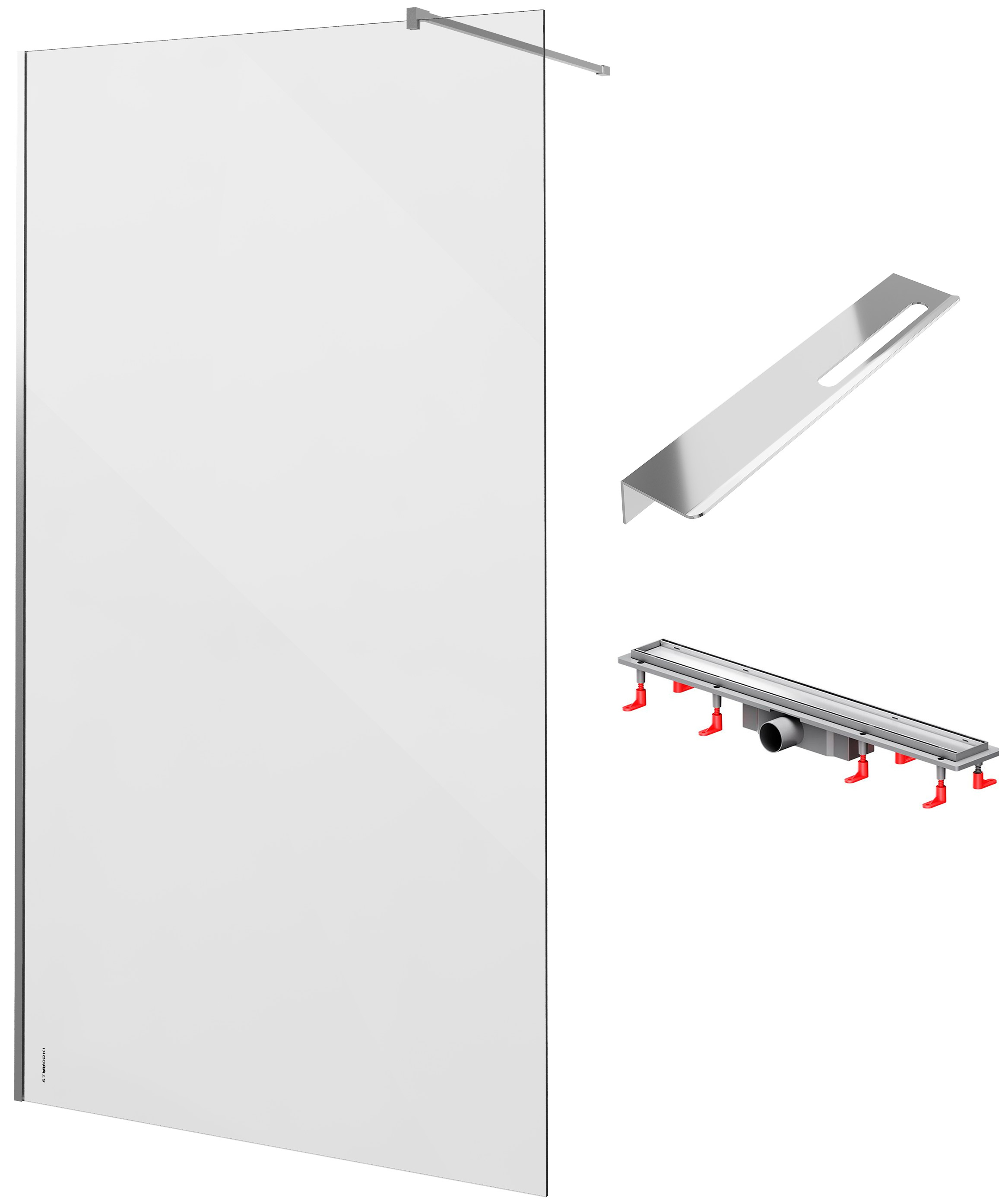 Душевая перегородка STWORKI Берген 120 см + Душевой трап (лоток) AM.PM PrimeFlow Tile 70 см + Полка для душа STWORKI Стокгольм S36377CR
