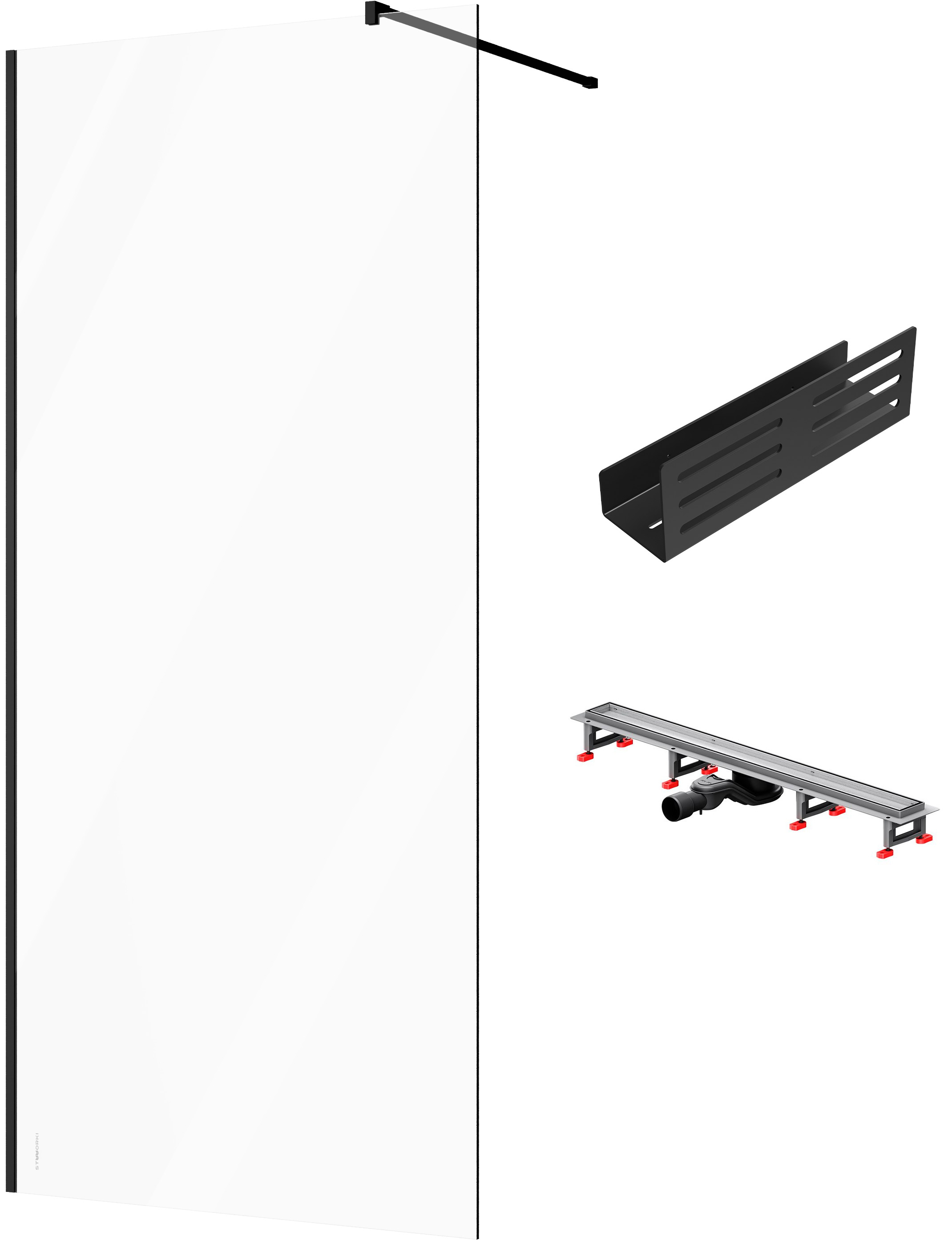 Душевая перегородка STWORKI Берген 100 см + Душевой трап (лоток) AM.PM MasterFlow Tile 80 см + Полка для душа STWORKI Стокгольм S36376BK