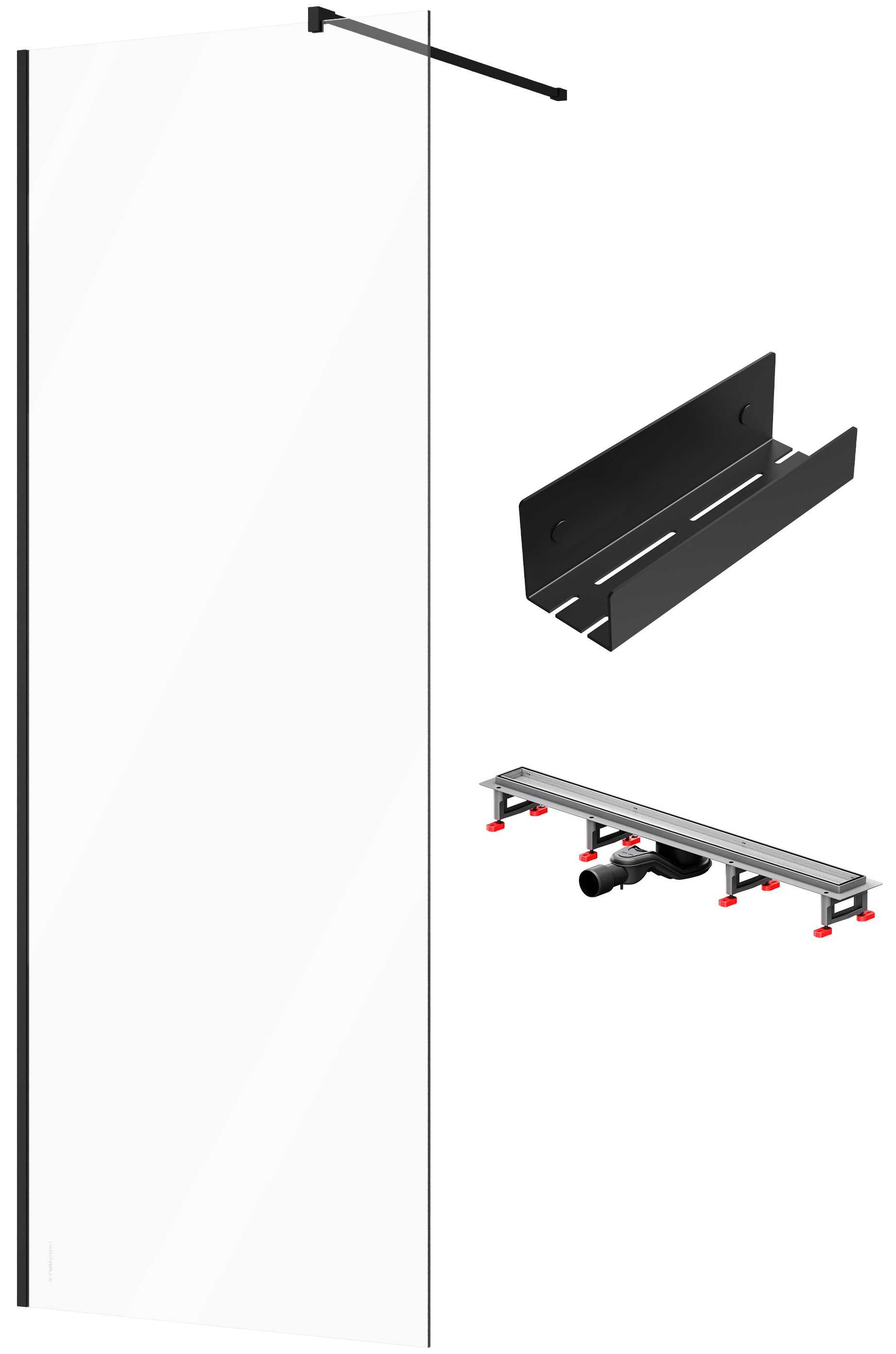 Душевая перегородка STWORKI Берген 80 см + Душевой трап (лоток) AM.PM MasterFlow Tile 80 см + Полка для душа STWORKI Стокгольм S36375BK
