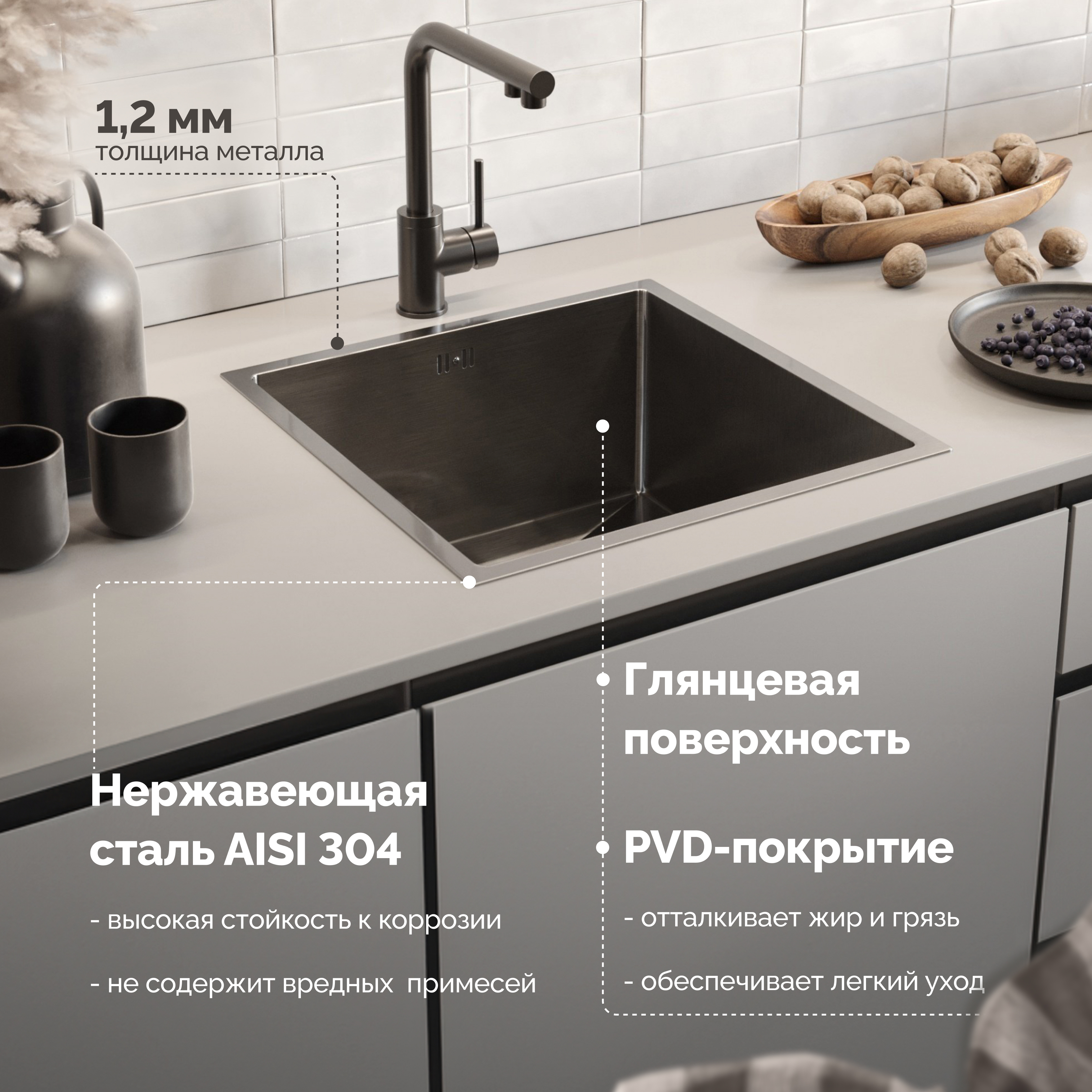 Мойка кухонная Domaci Равенна PVD DMB-113 черная, 45х45 см, врезная, квадратная, нержавеющая сталь купить в Тамбове