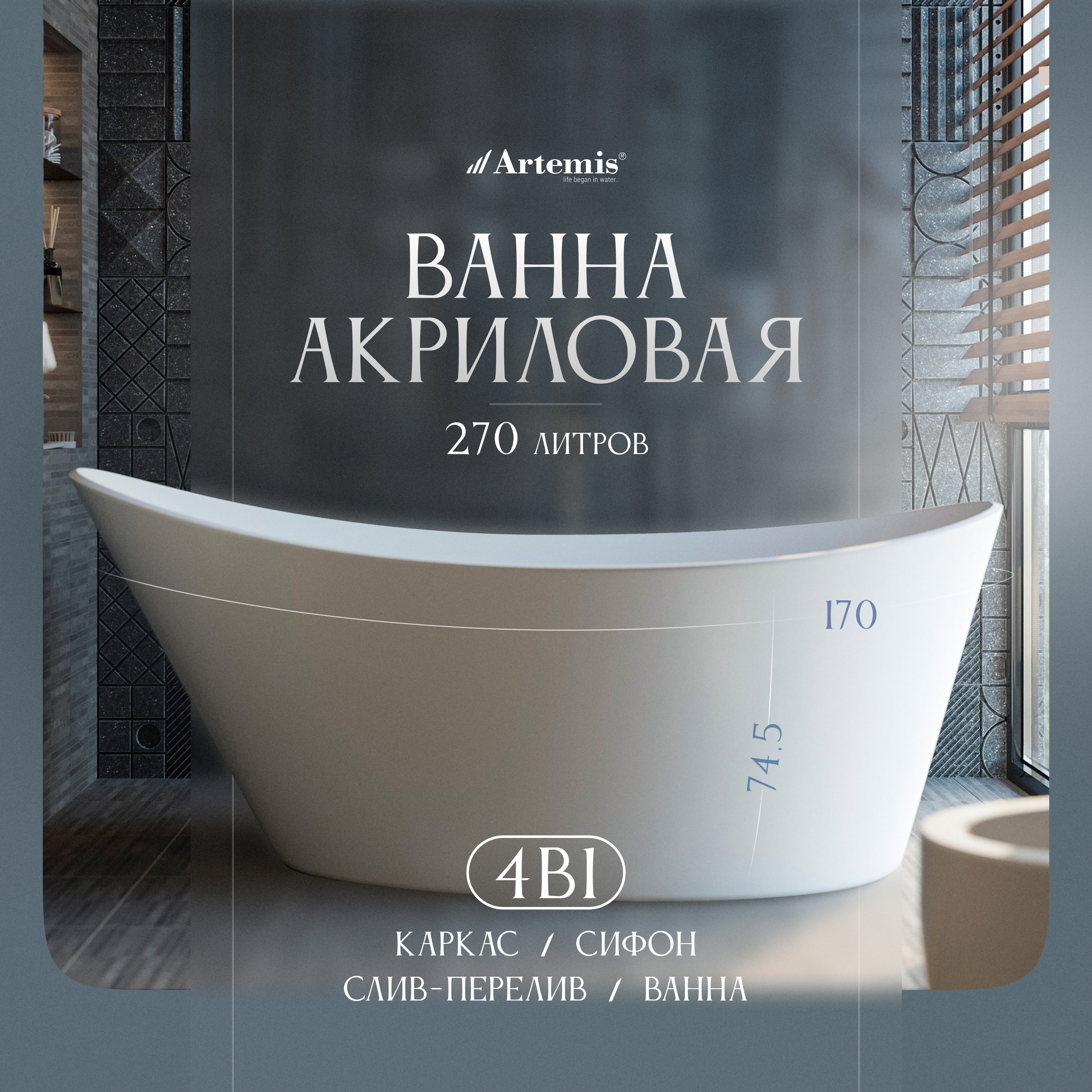 Акриловая ванна Artemis Lina 170x80 см, отдельностоящая, белая матовая, овальная, на ножках, со сливом-переливом