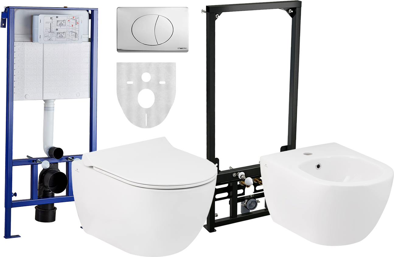 Комплект Унитаз подвесной Seramiksan Hill A031161H безободковая + Крышка Neon A030011 с микролифтом + Инсталляция STWORKI 510162 + Кнопка 230822 хром глянцевый + Биде подвесное A037021H + Инсталляция AlcaPlast A105 /1120