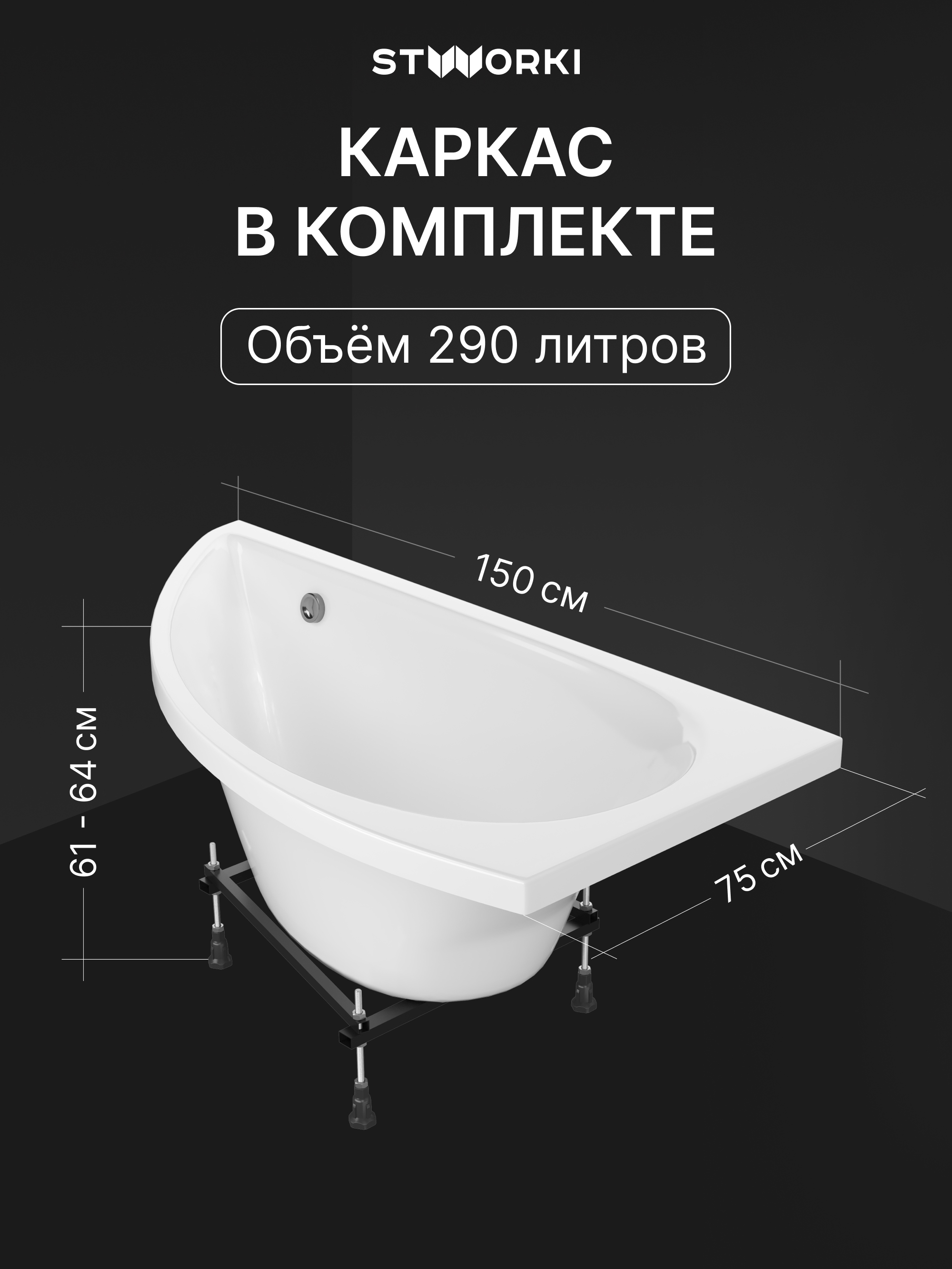 Акриловая ванна STWORKI Лунд R 150x75 см, угловая, правая, пристенная, белая, асимметричная, с каркасом купить в Тамбове
