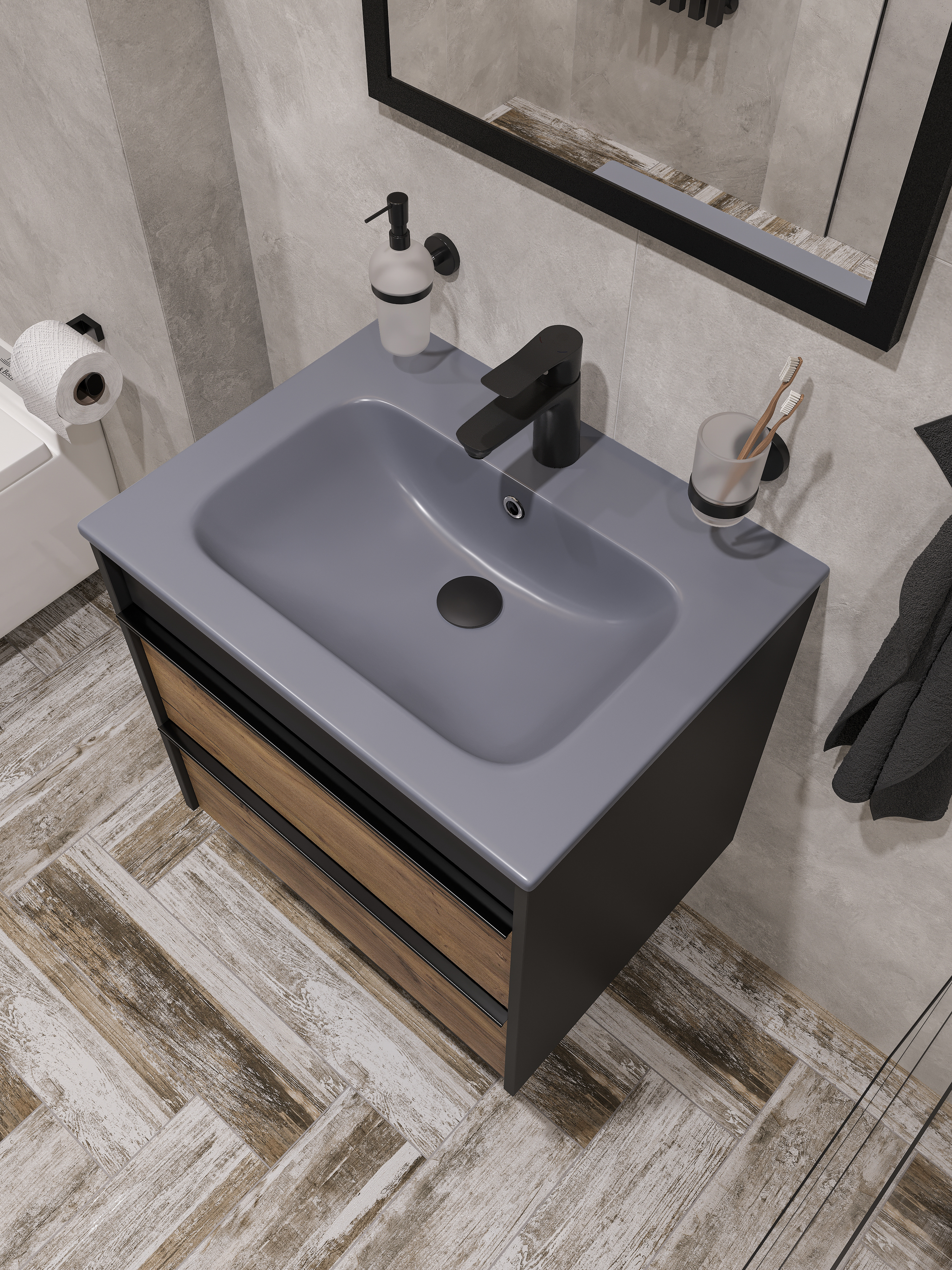 Мебельная раковина STWORKI Гриндстед 61 накладная, антрацит, прямоугольная, фаянс