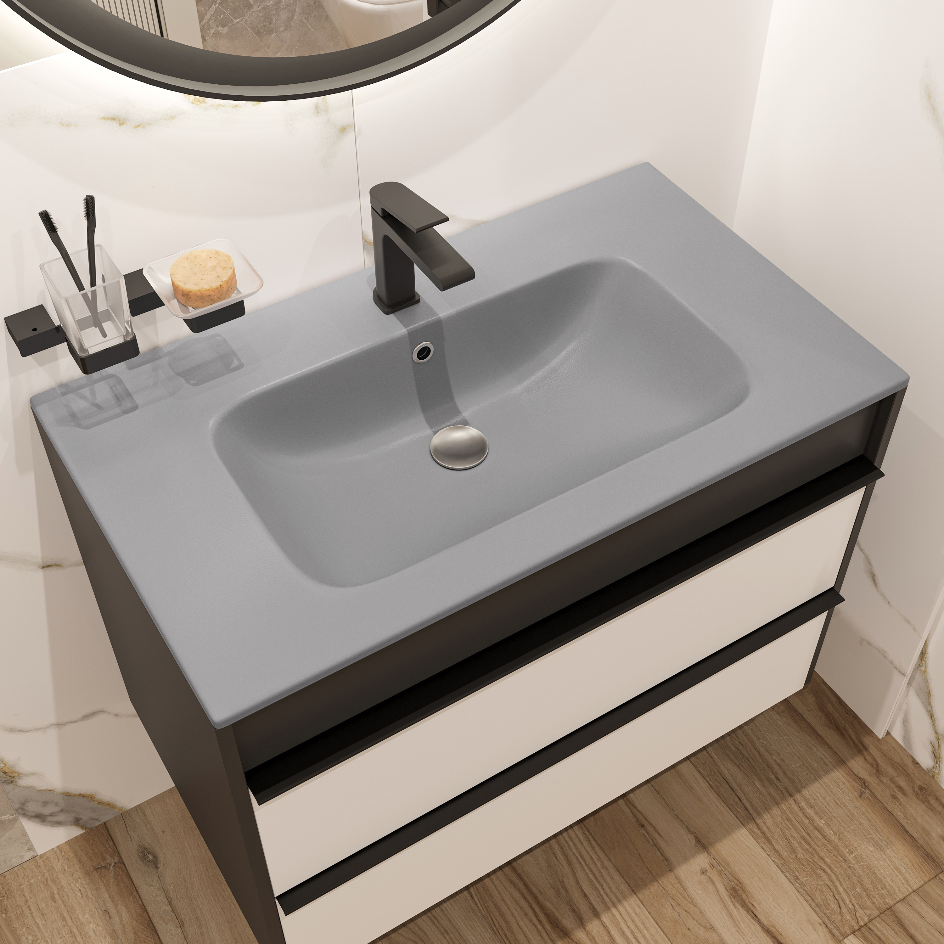 Мебельная раковина STWORKI Гриндстед 81 накладная, антрацит, прямоугольная, фаянс