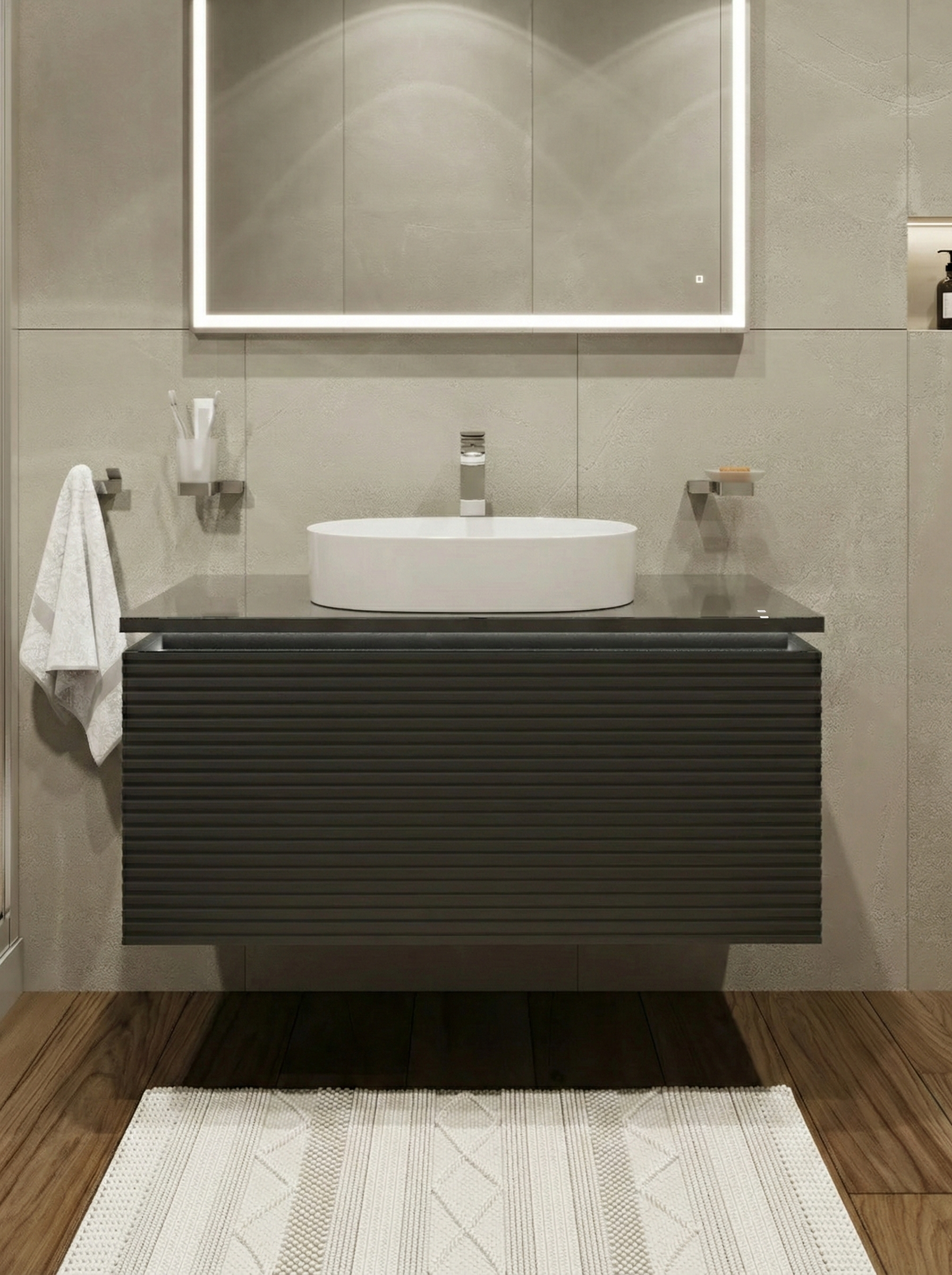 Тумба под раковину со столешницей STWORKI Рандерс 100, антрацит, подвесная, с подсветкой