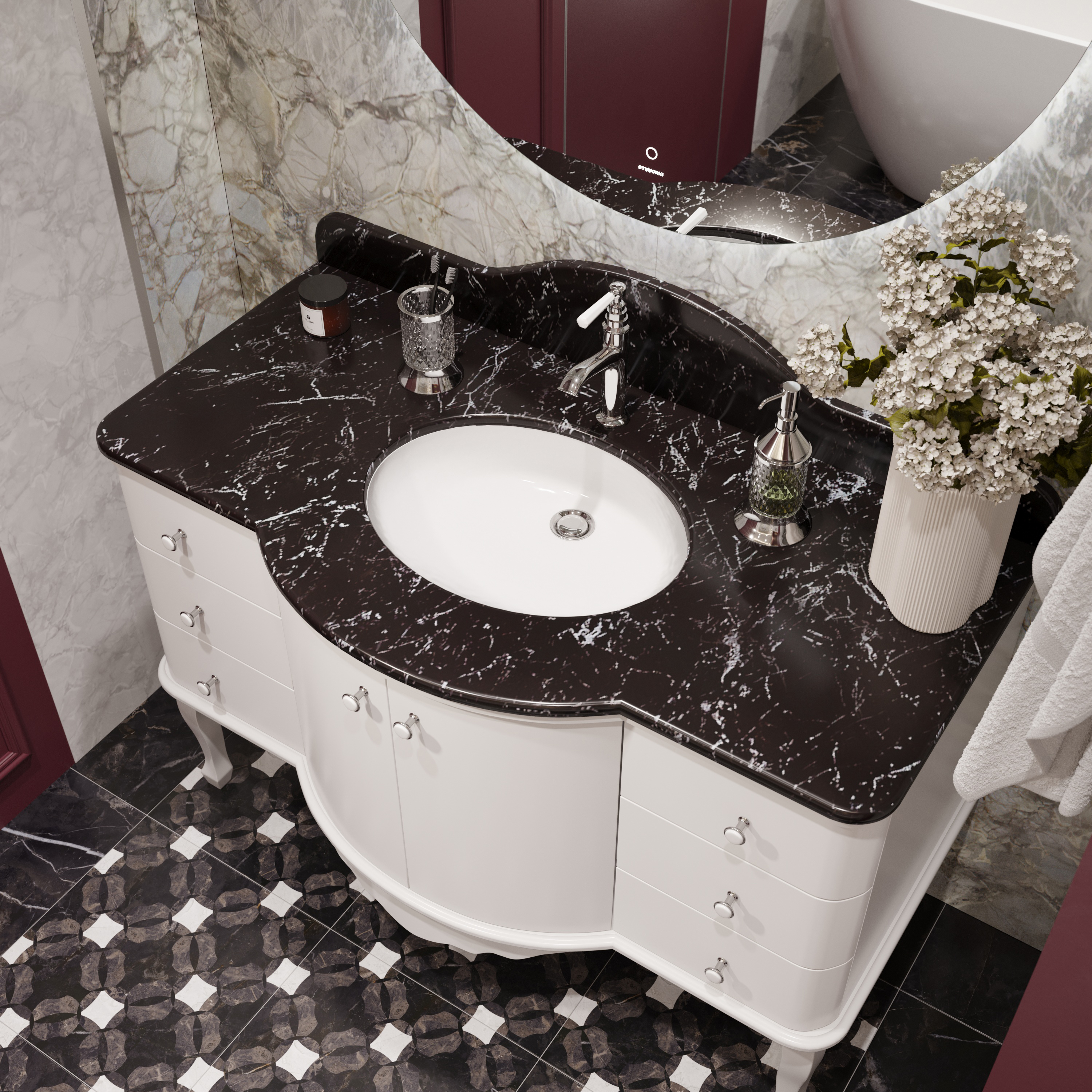 Мебельная раковина STWORKI Siena Marble 124 накладная, глянцевая белая, прямоугольная, фаянс